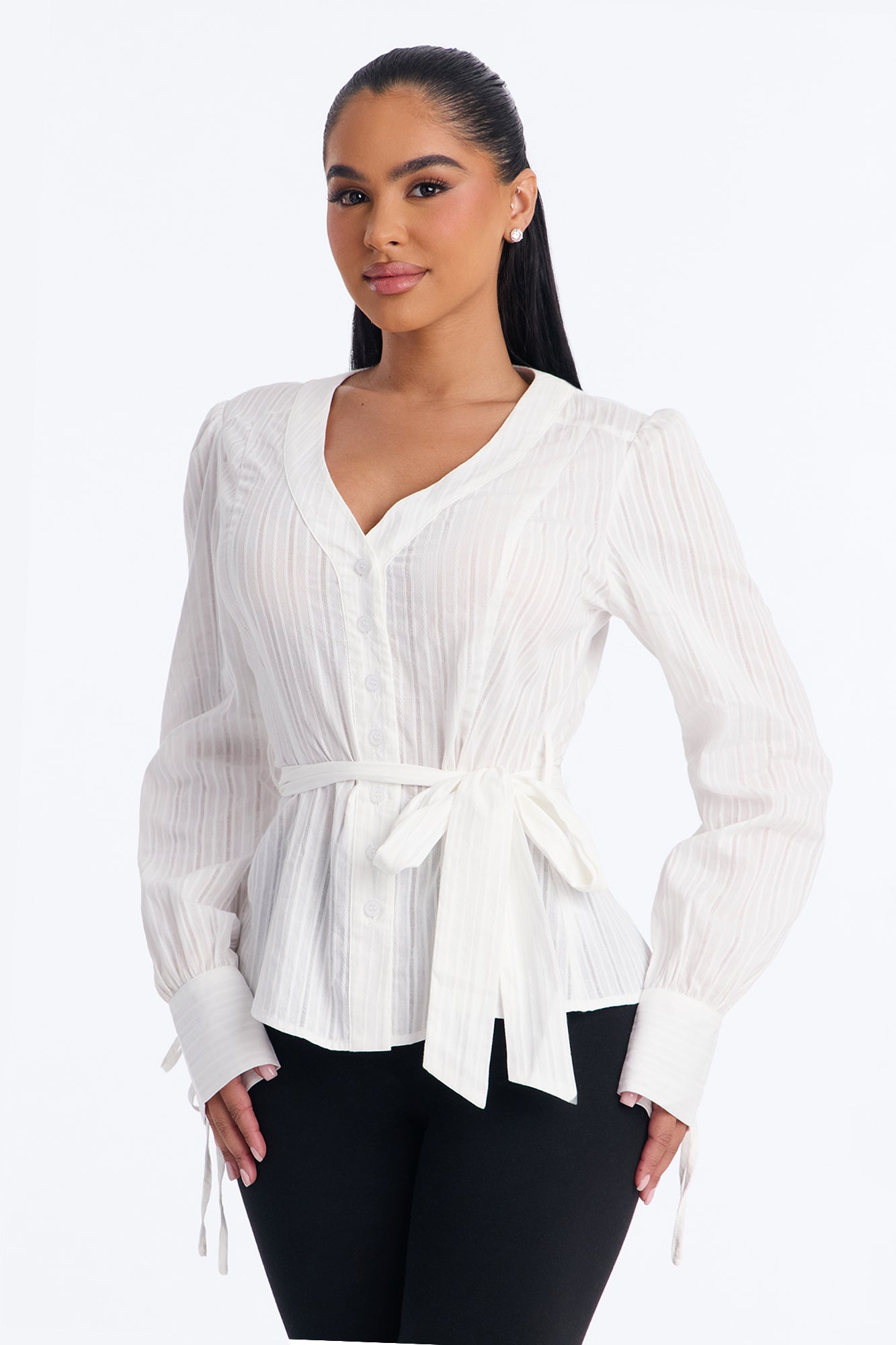 Sweet Honey Tie Waist Button Up Shirt - White