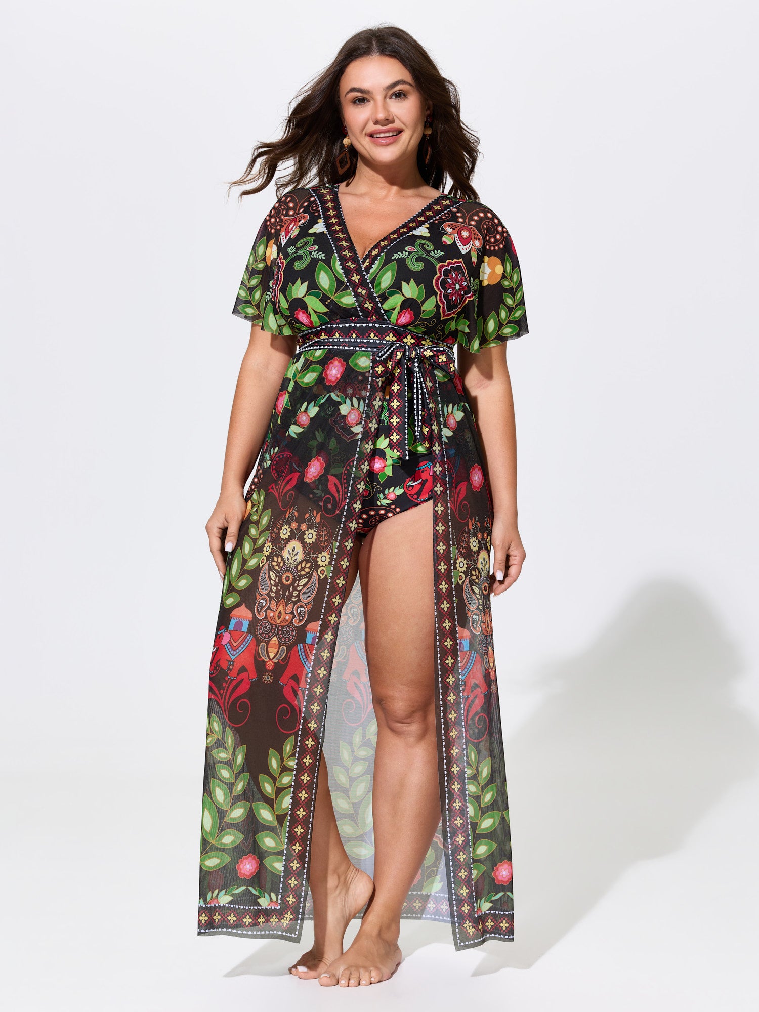 Sarong Set Tropical Print Sheer One-Piece Swim