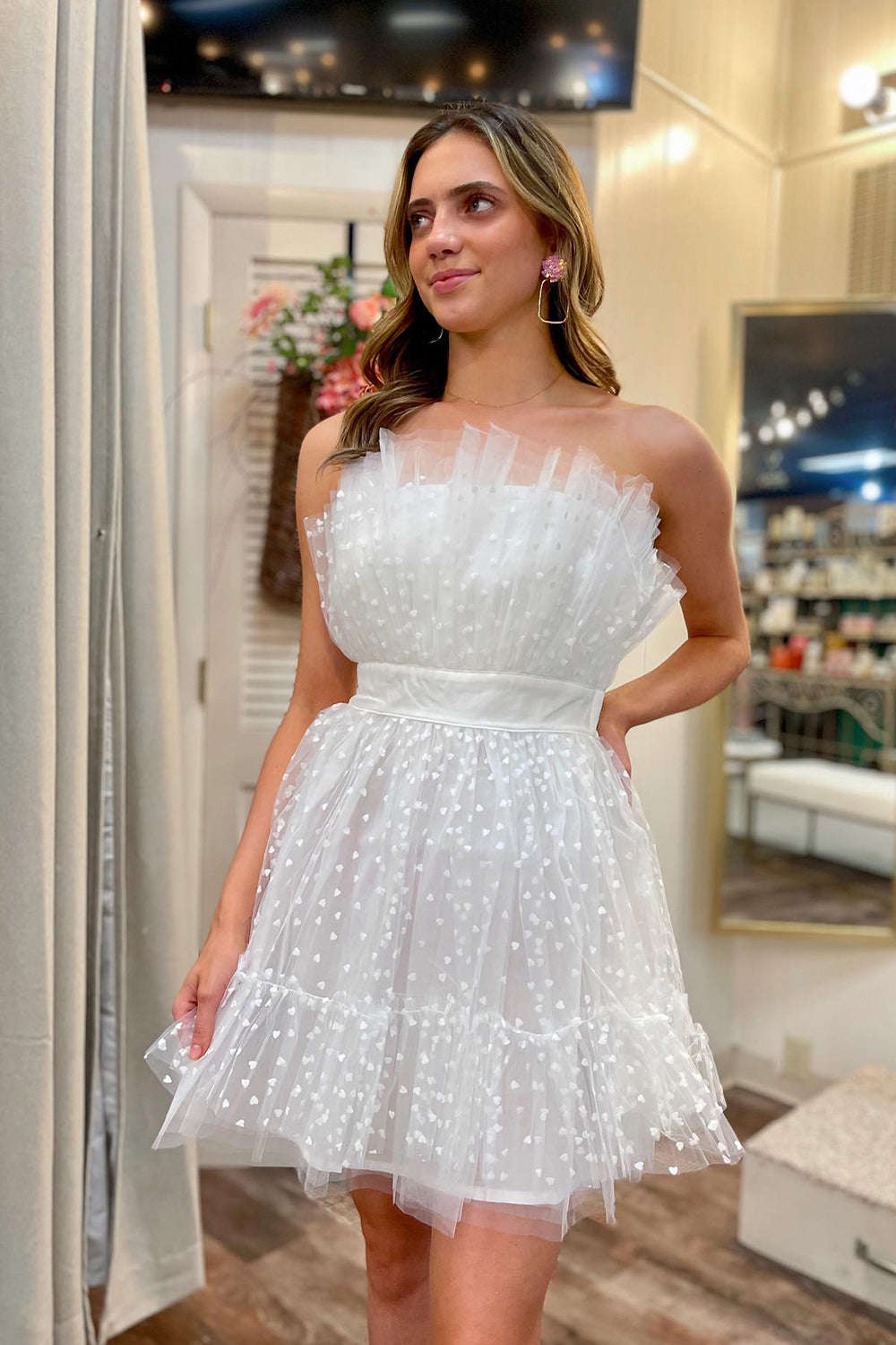 White Tulle Strapless A Line Short Homecoming Dress/Mini Dress with Polka Dots