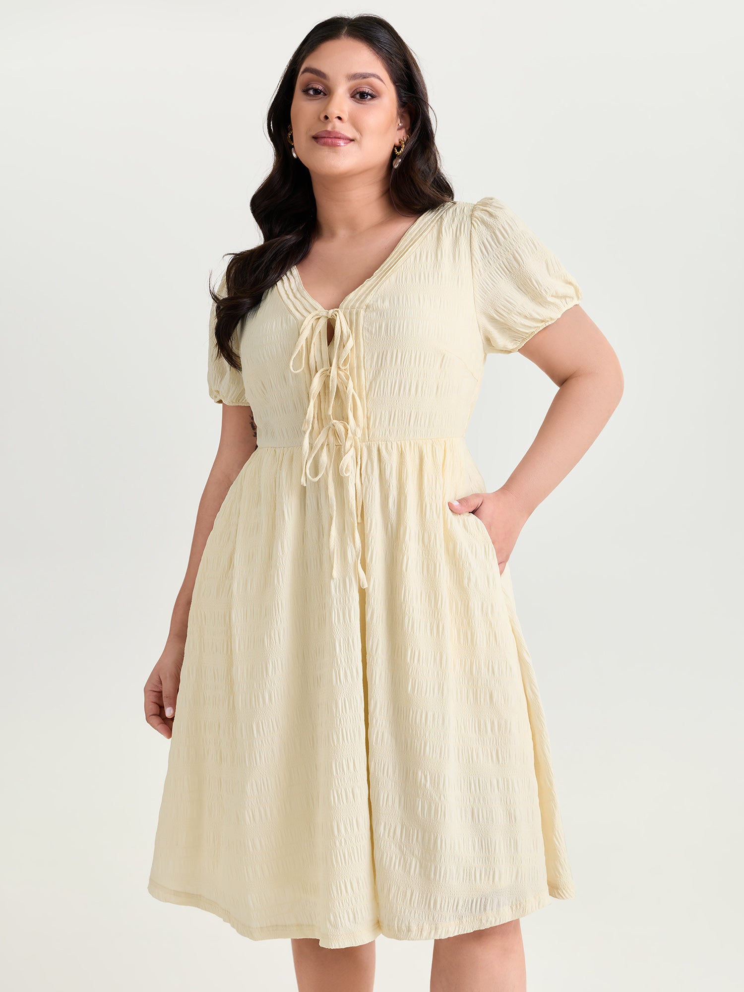 Textured Triple Front Tie Midi Dress