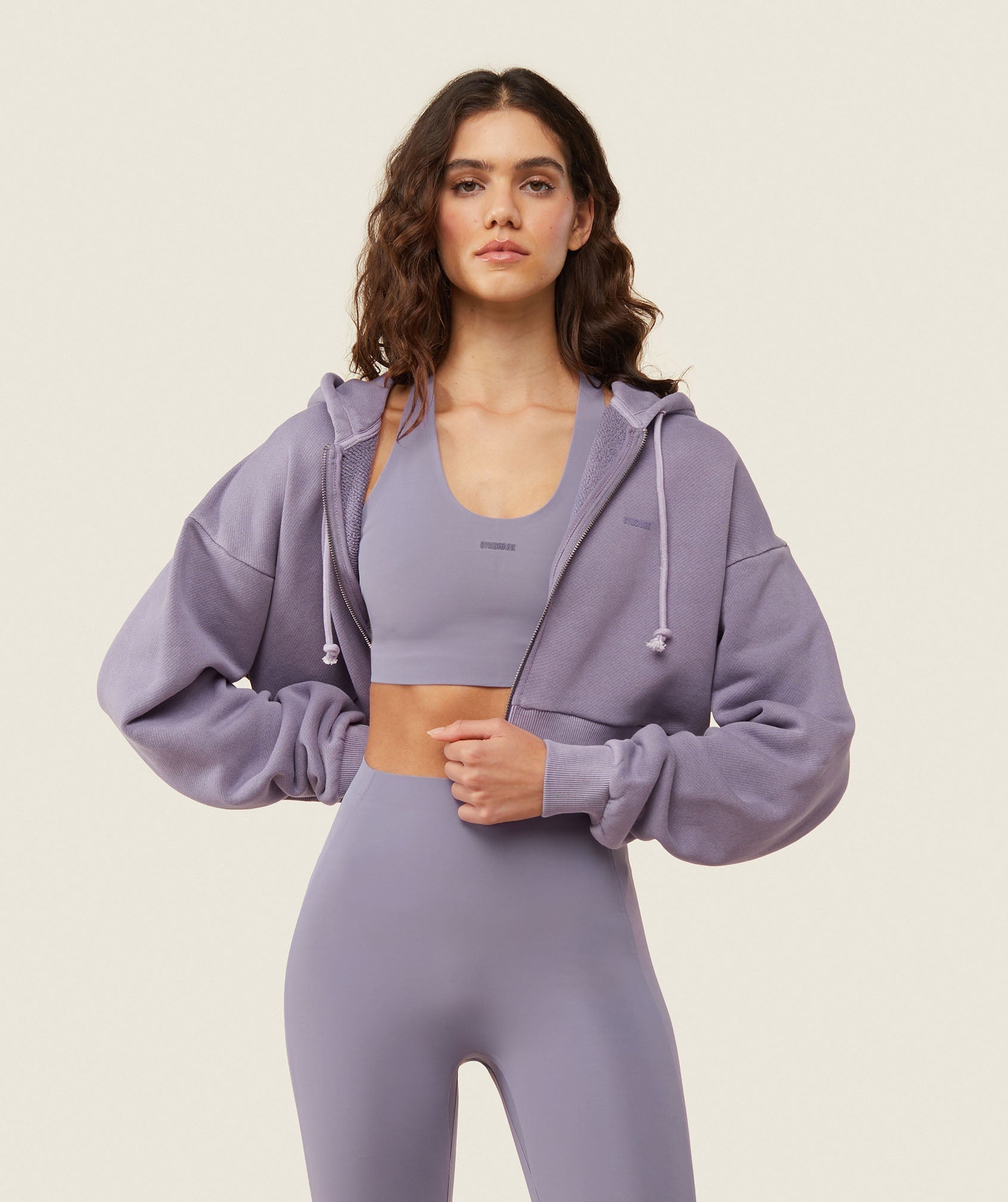 Gymshark Comfort Cropped Full Zip Hoodie - Fog Purple/Pigment Garment Dye + Wash