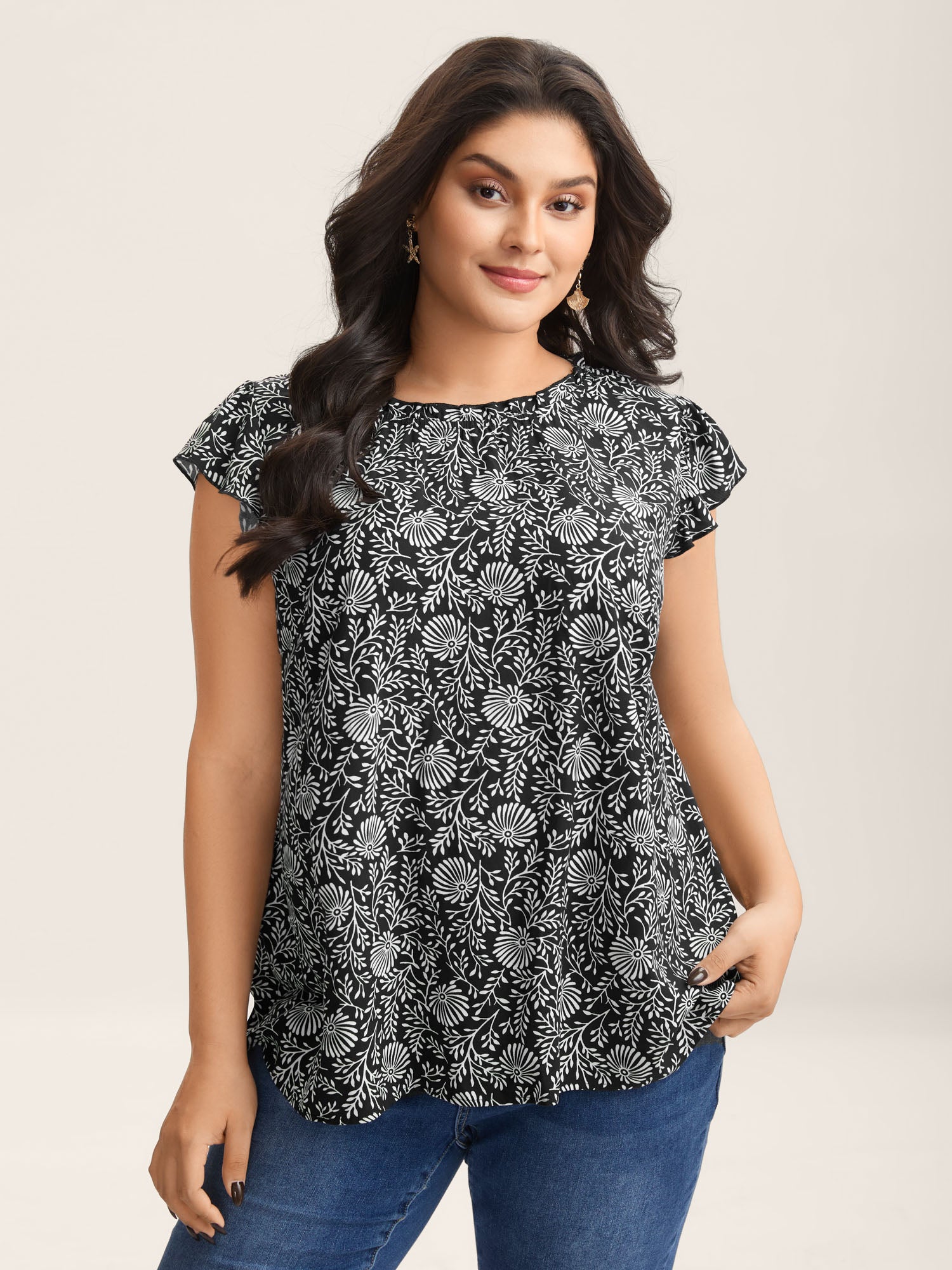 Floral Print Ruffled Neck Blouse