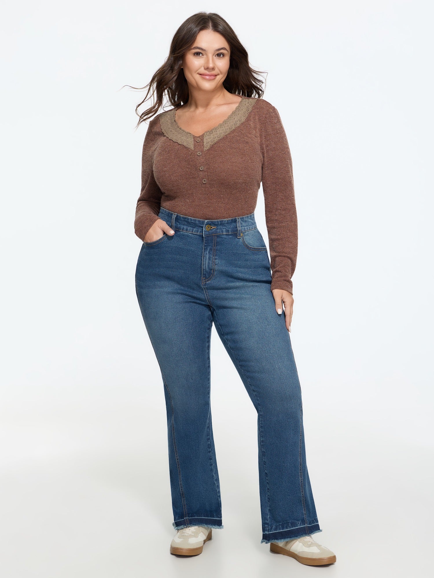 Stretch Frayed Hem Stitch Detail Bootcut Jeans