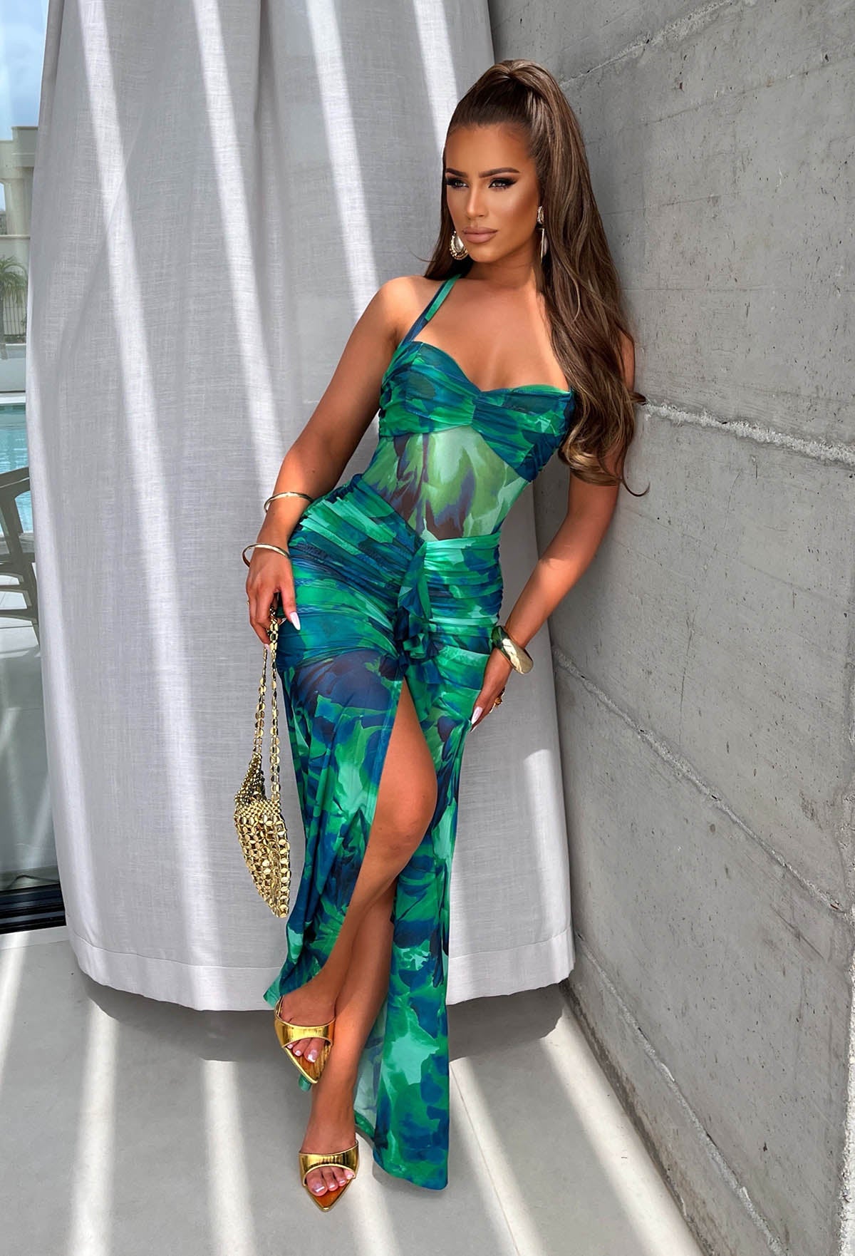 Santorini Seduction Green Printed Gathered Front Halter Maxi Dress