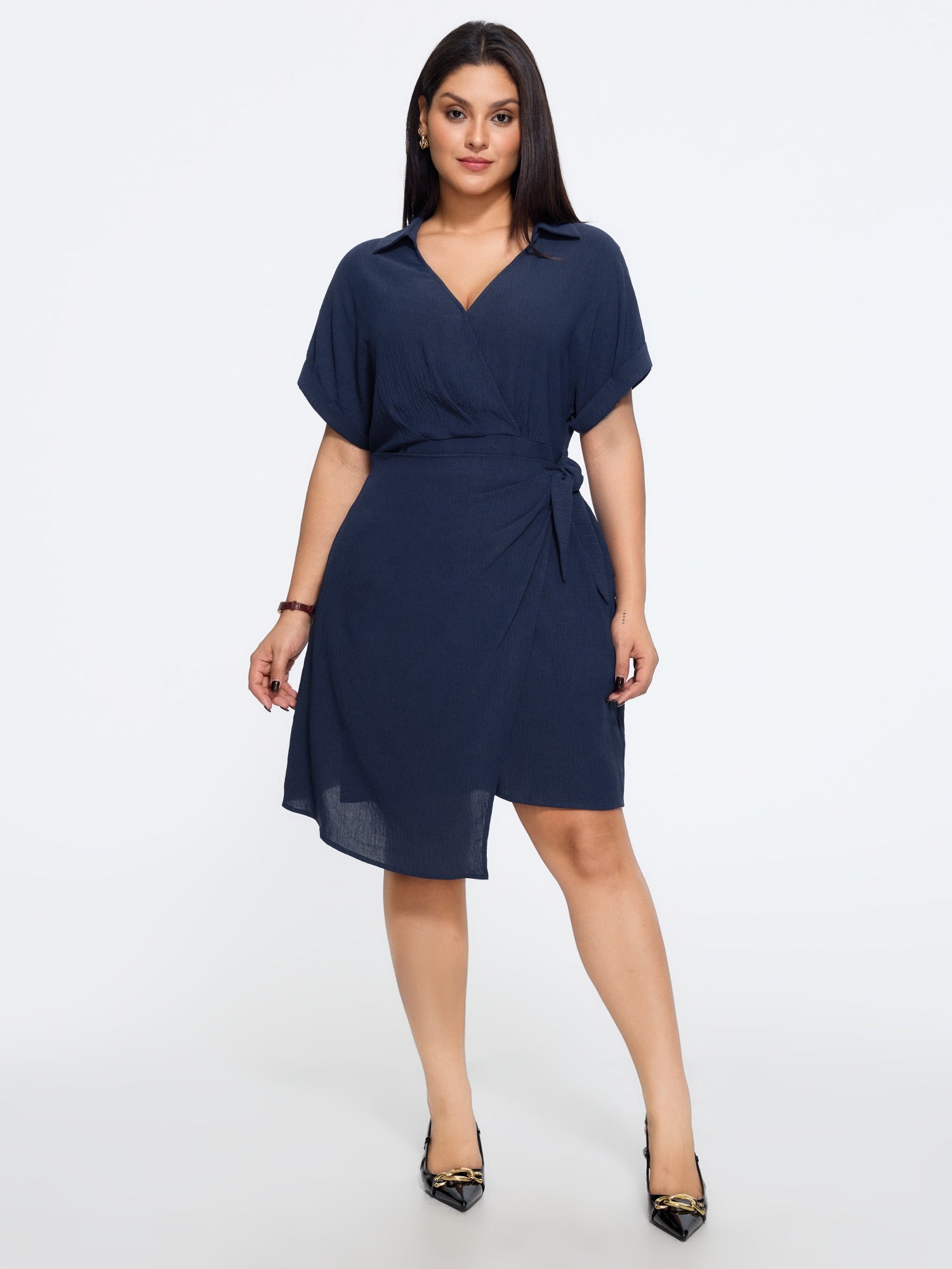 Textured Cuffed Sleeve Wrap Tie Mini Dress