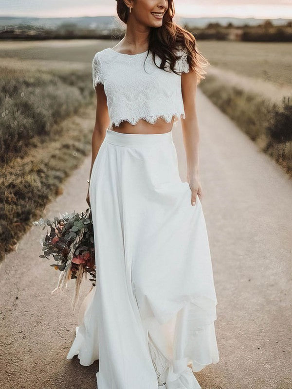 Charming Two-Piece A-Line Crew Neck Short Sleeves Lace Satin Wedding Dresses