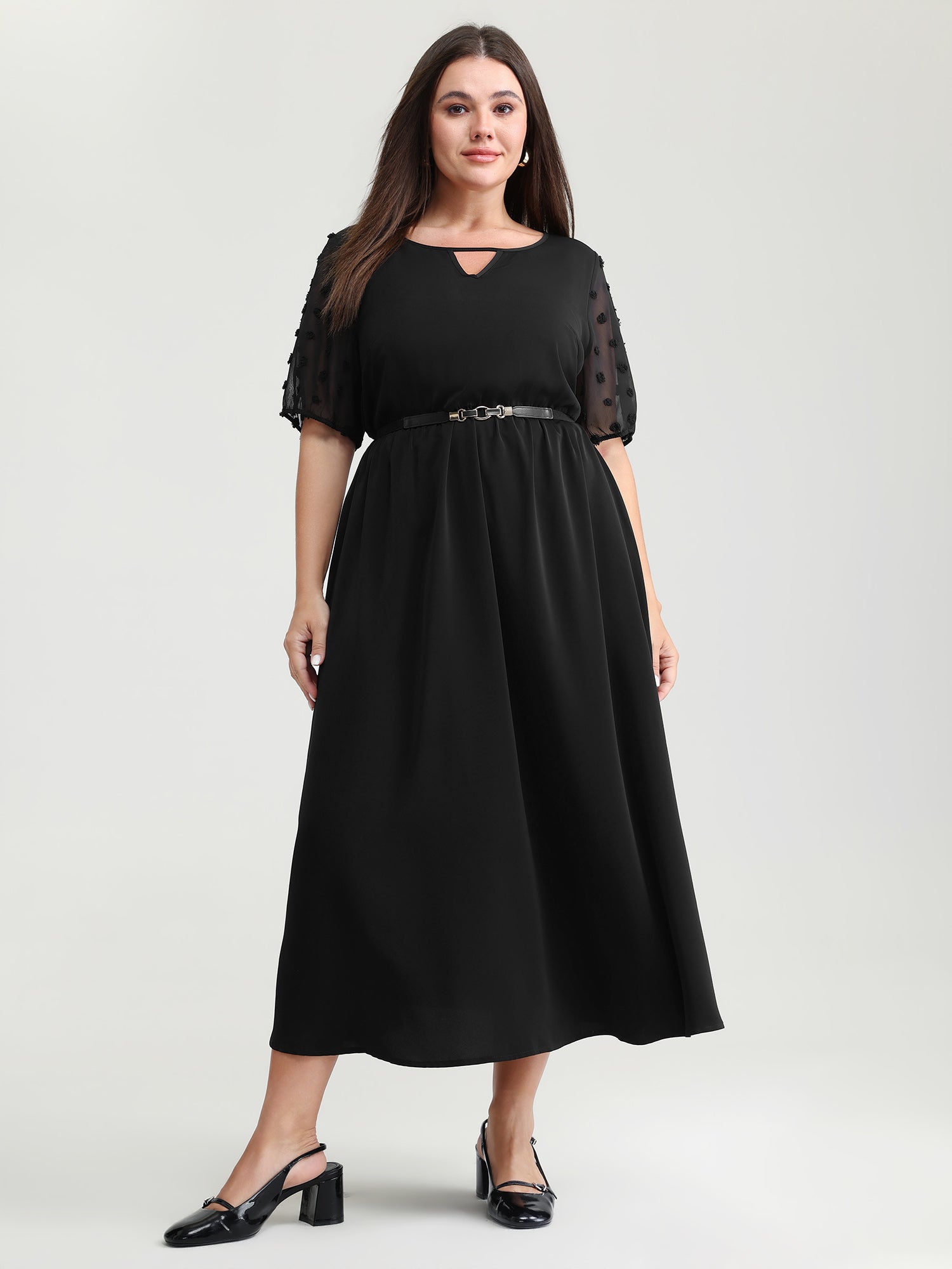 Sheer Chiffon Textured Waist-Defining Maxi Dress