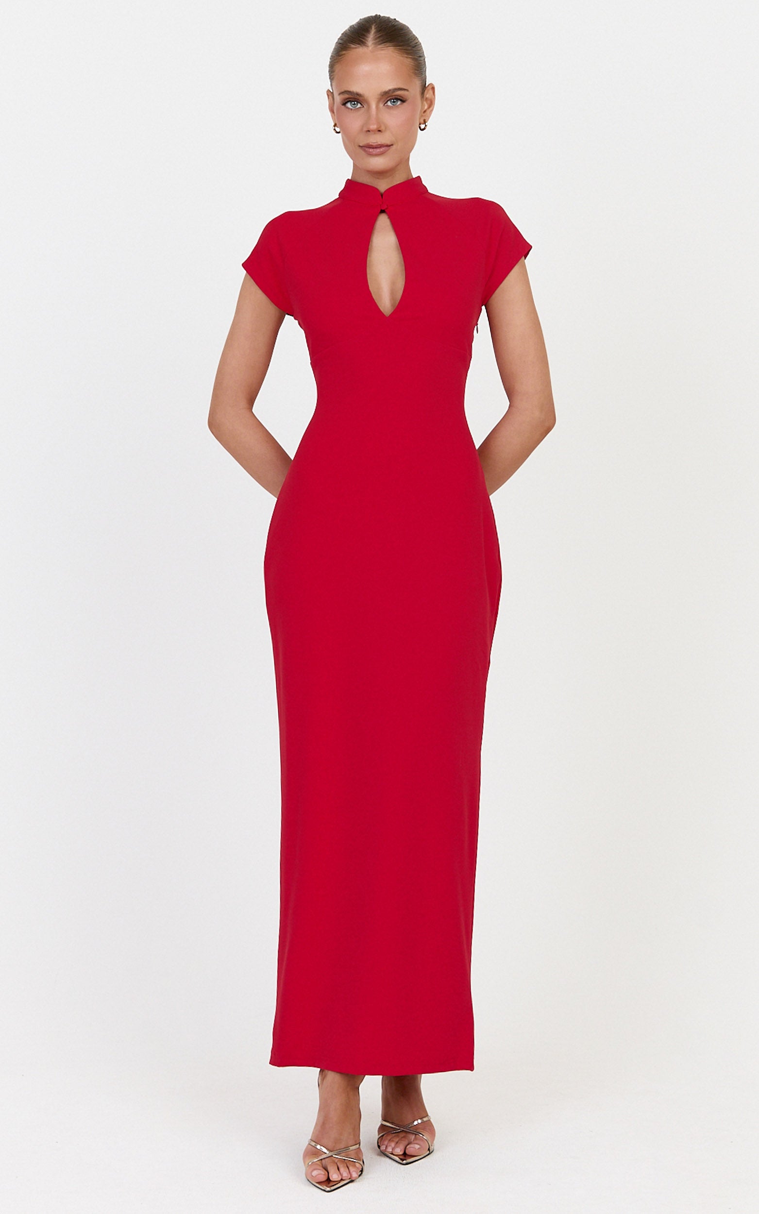Cassienne Midi Dress - High Neck Keyhole Cut Out Bodycon Midi Dress in Red