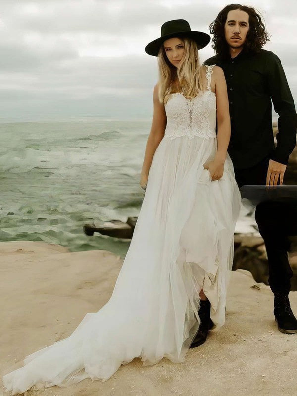 Stylish Spaghetti Straps Sleeveless Sweetheart Tulle A-Line Wedding Dresses