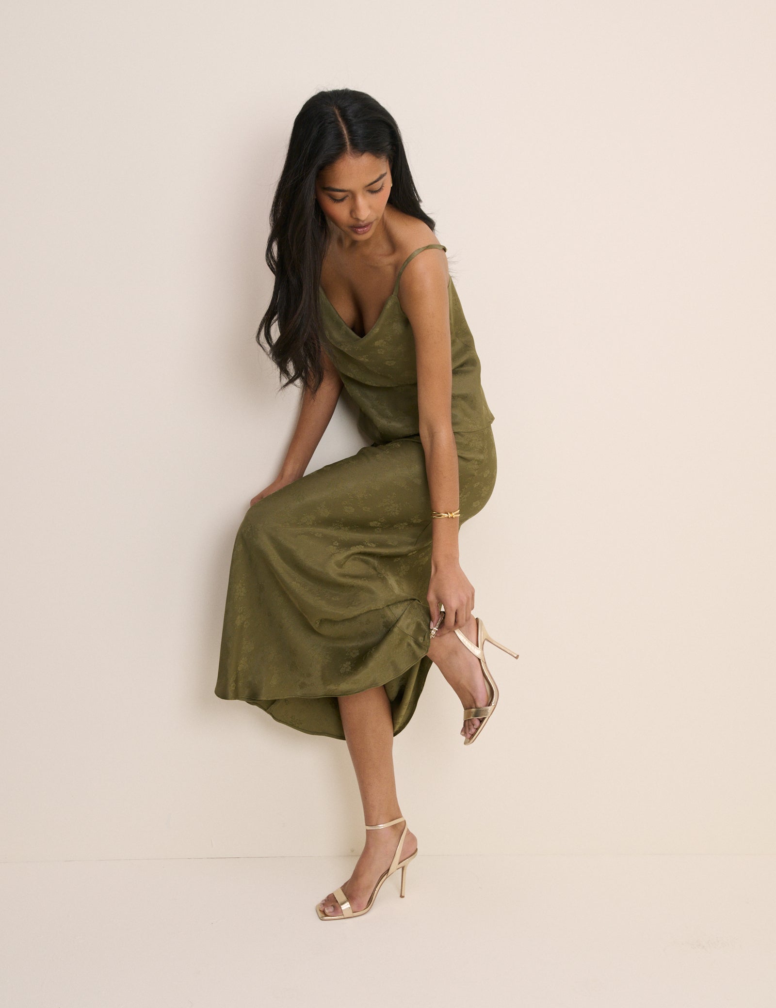 Khaki Jacquard Floral Satin Maxi Skirt