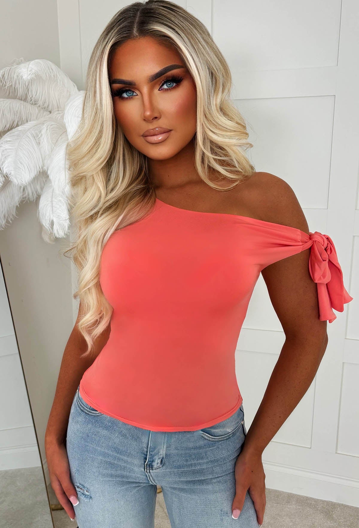 Knot Into You Coral Tie Shoulder Stretch Top