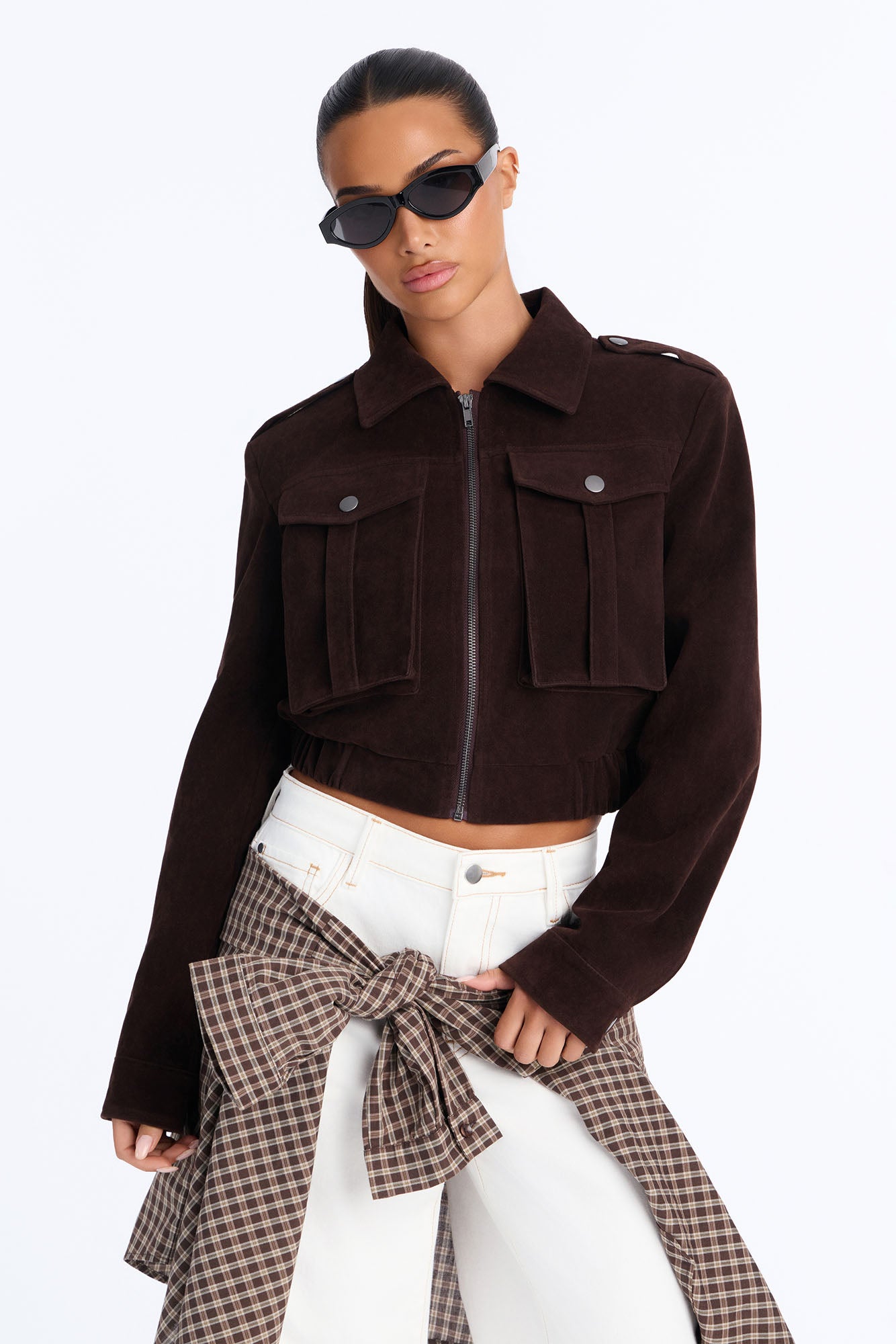 Have To Getaway Cropped Faux Suede Jacket - Chocolate