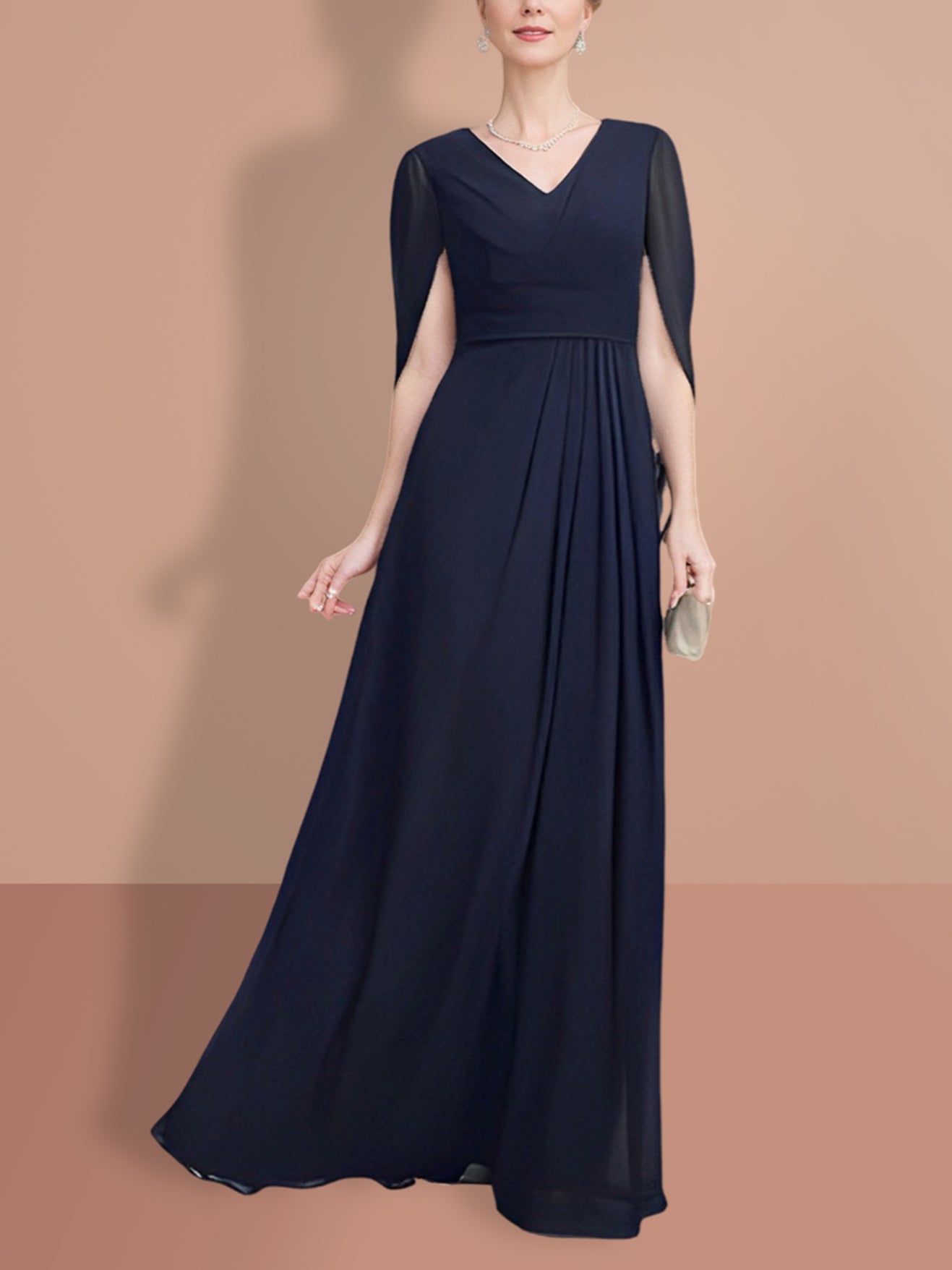 V-Neck A-Line Princess Mother of the Bride Dress with Half Sleeves
