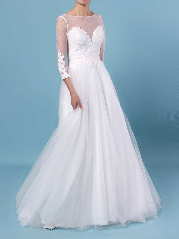 Glamorous Lace Long Sleeves Tulle Floor-Length Wedding Dresses with Appliques