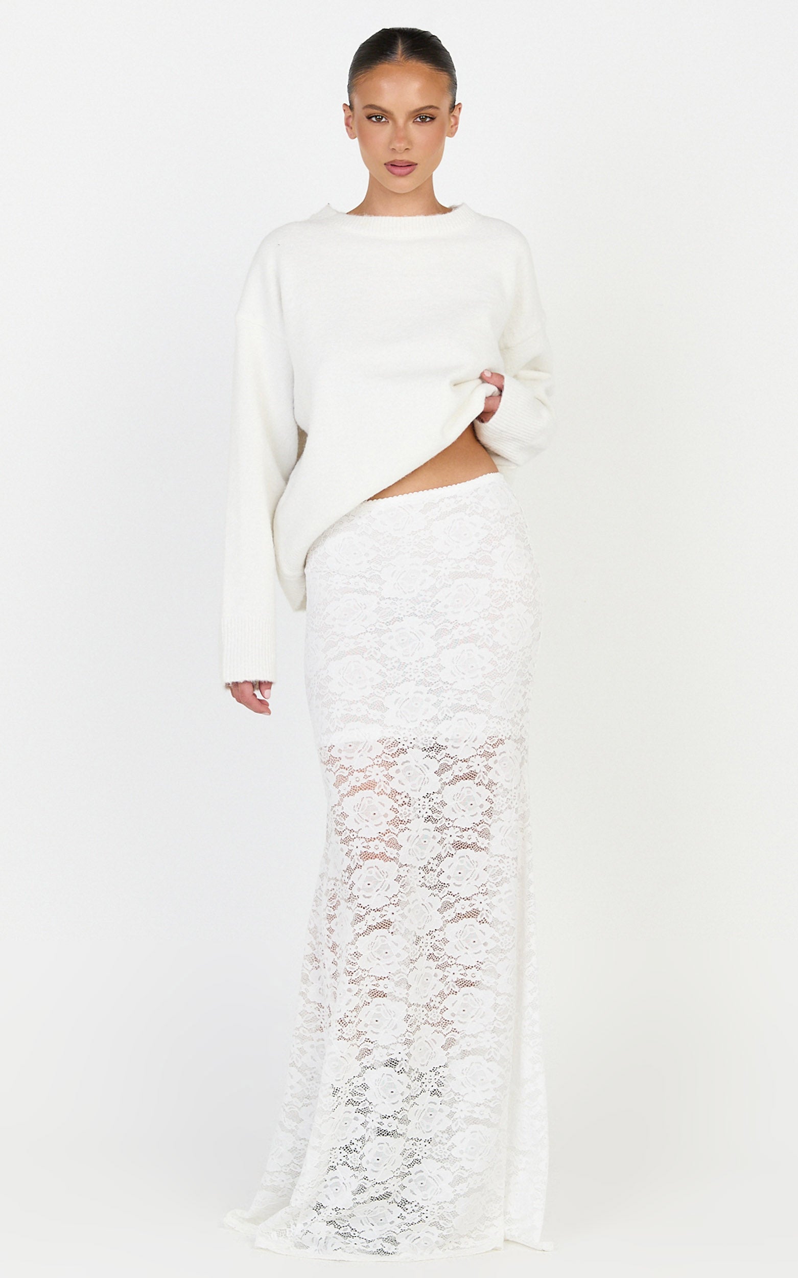 Kamille Maxi Skirt - Lace Mermaid Hem Skirt in White