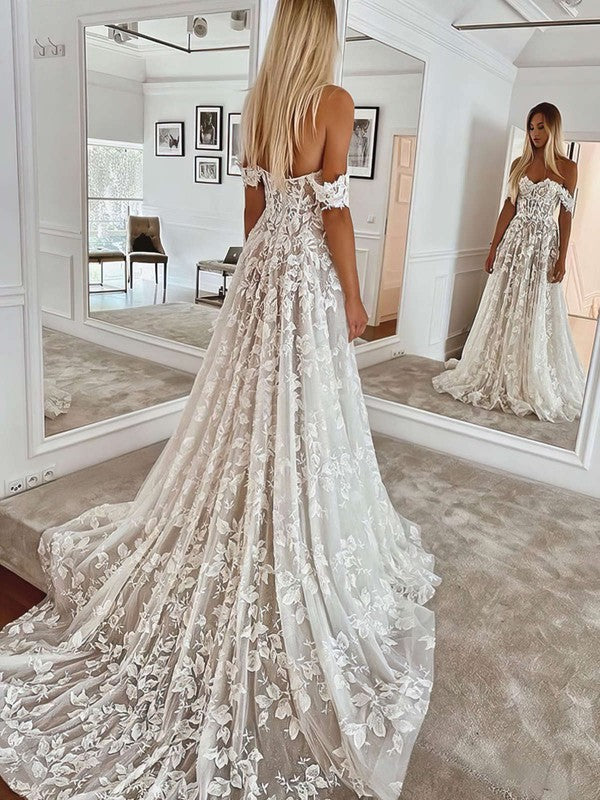 Gorgeous Off-The-Shoulder Sweetheart A-Line Lace Court Train Wedding Dresses