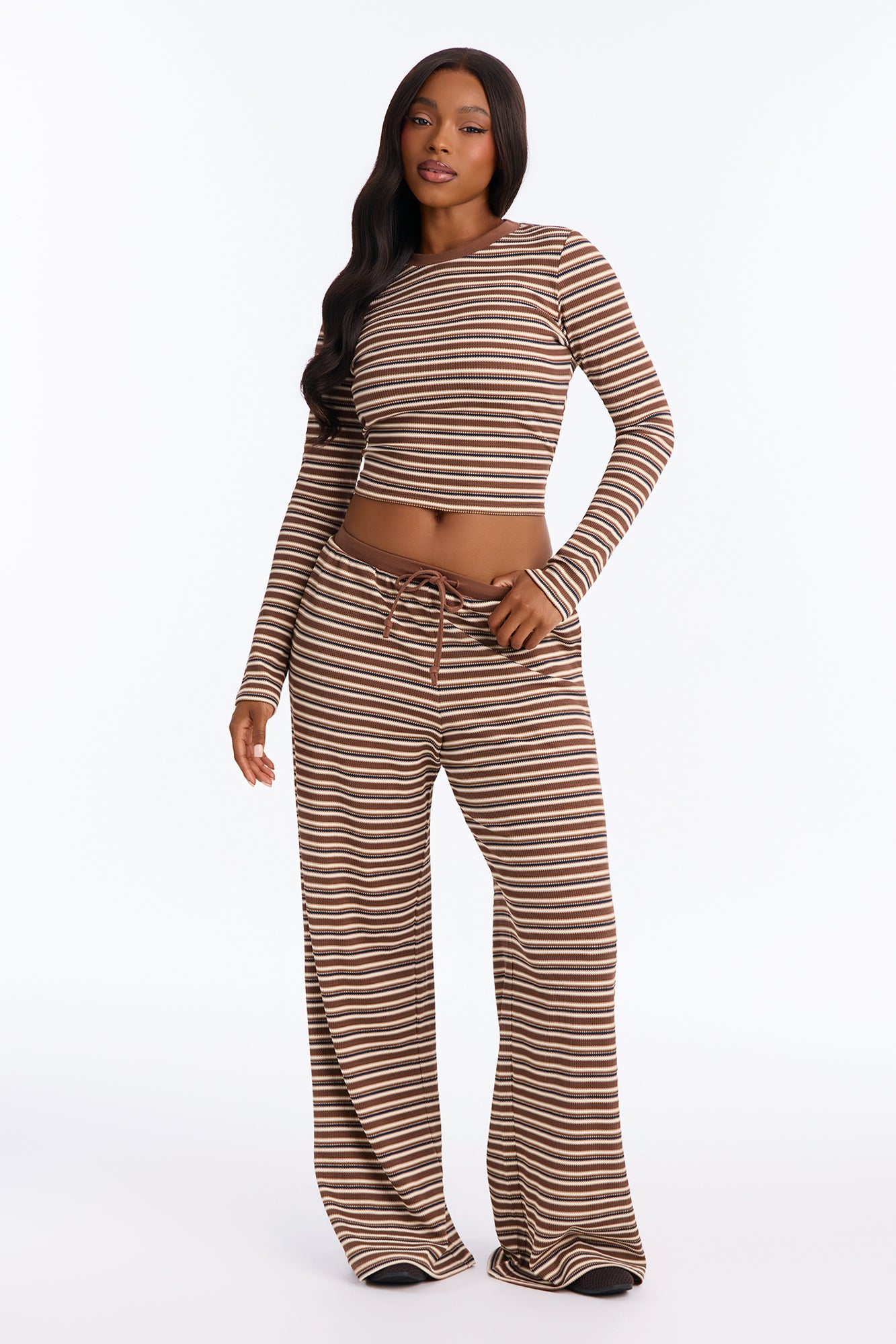 Rhea Striped Thermal Pant Set - Brown/combo