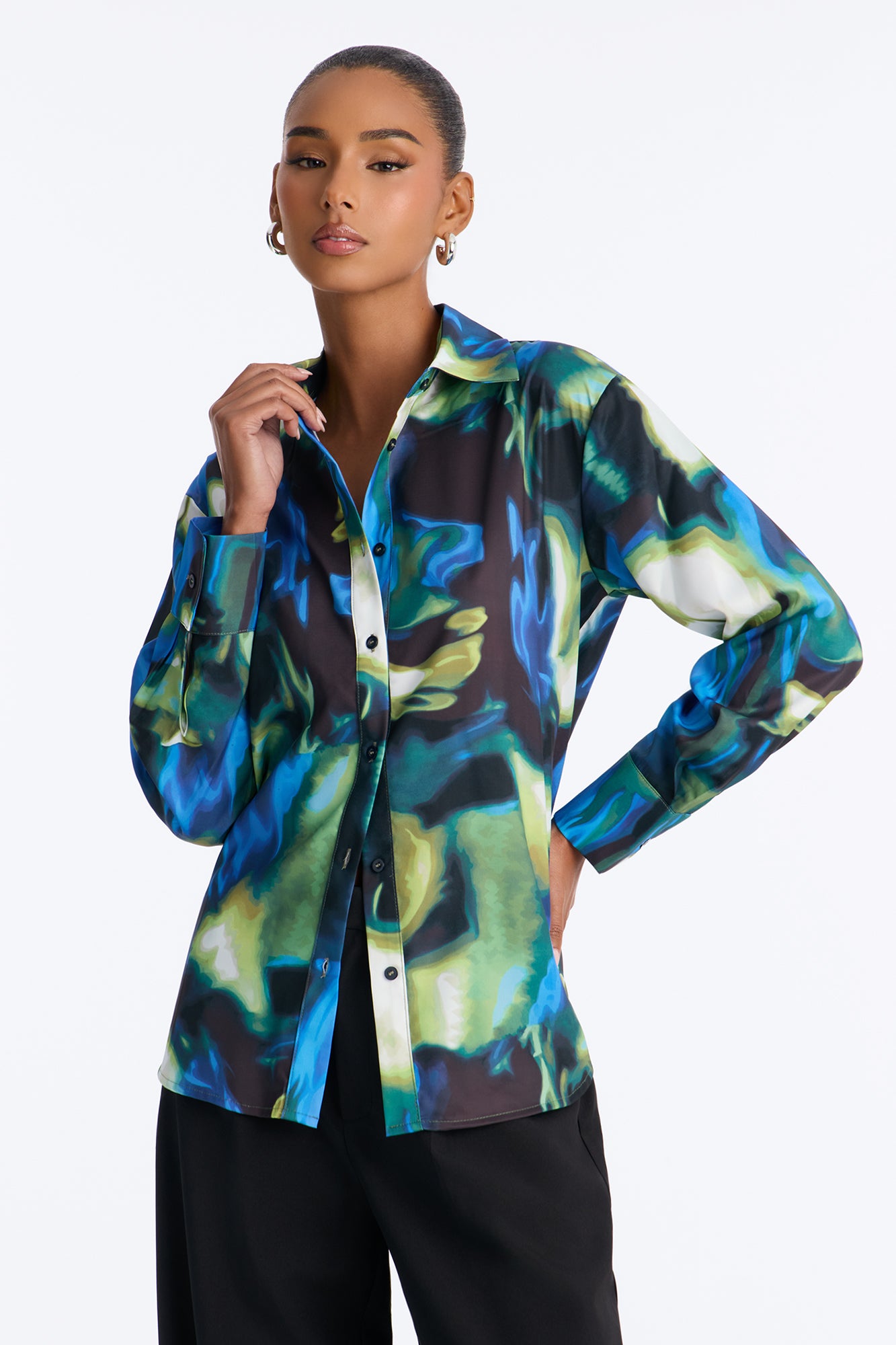 Hallie Abstract Chiffon Button Up Shirt - Blue/combo