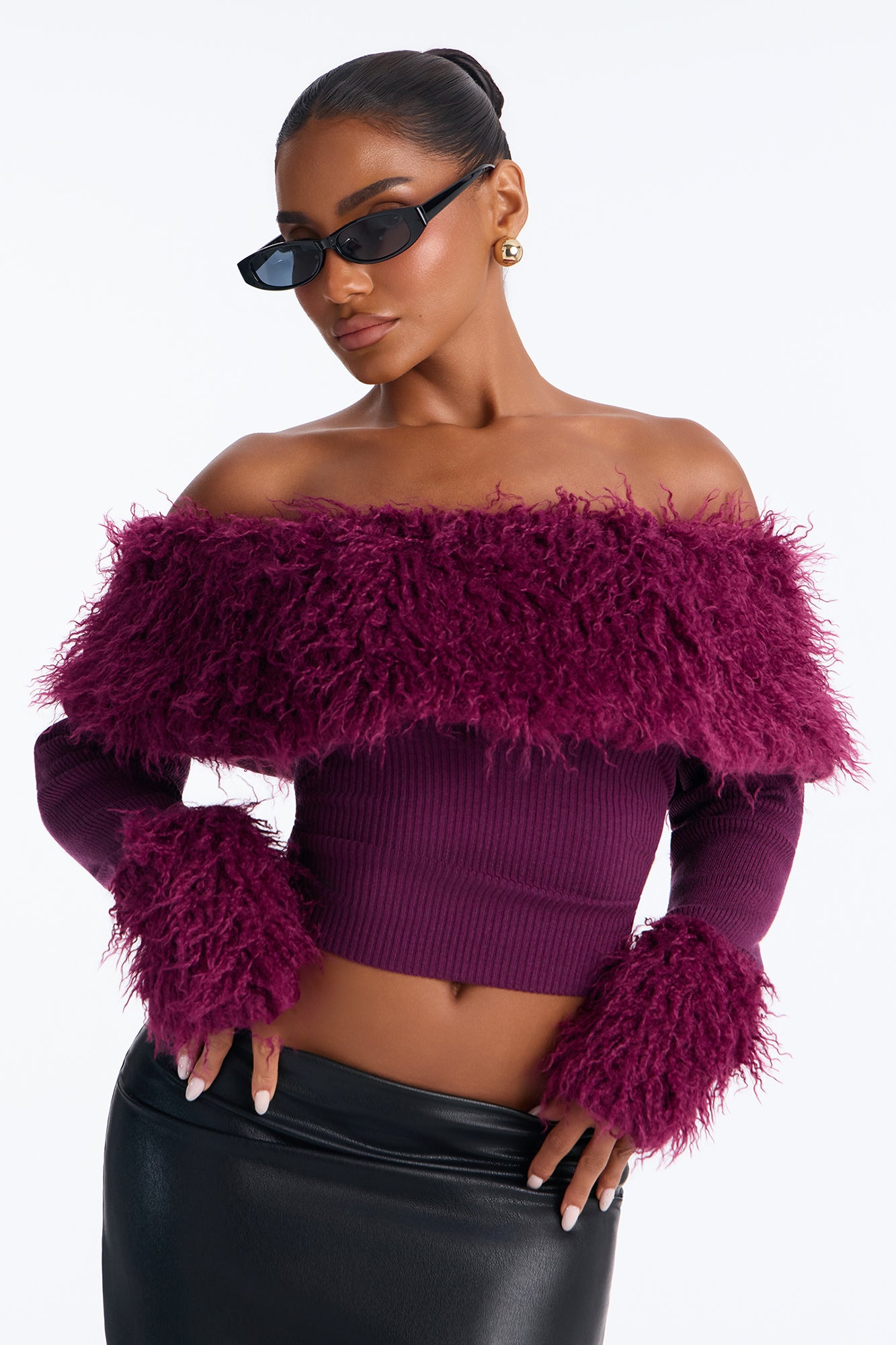 Shaggy Faux Fur Off Shoulder Sweater - Plum