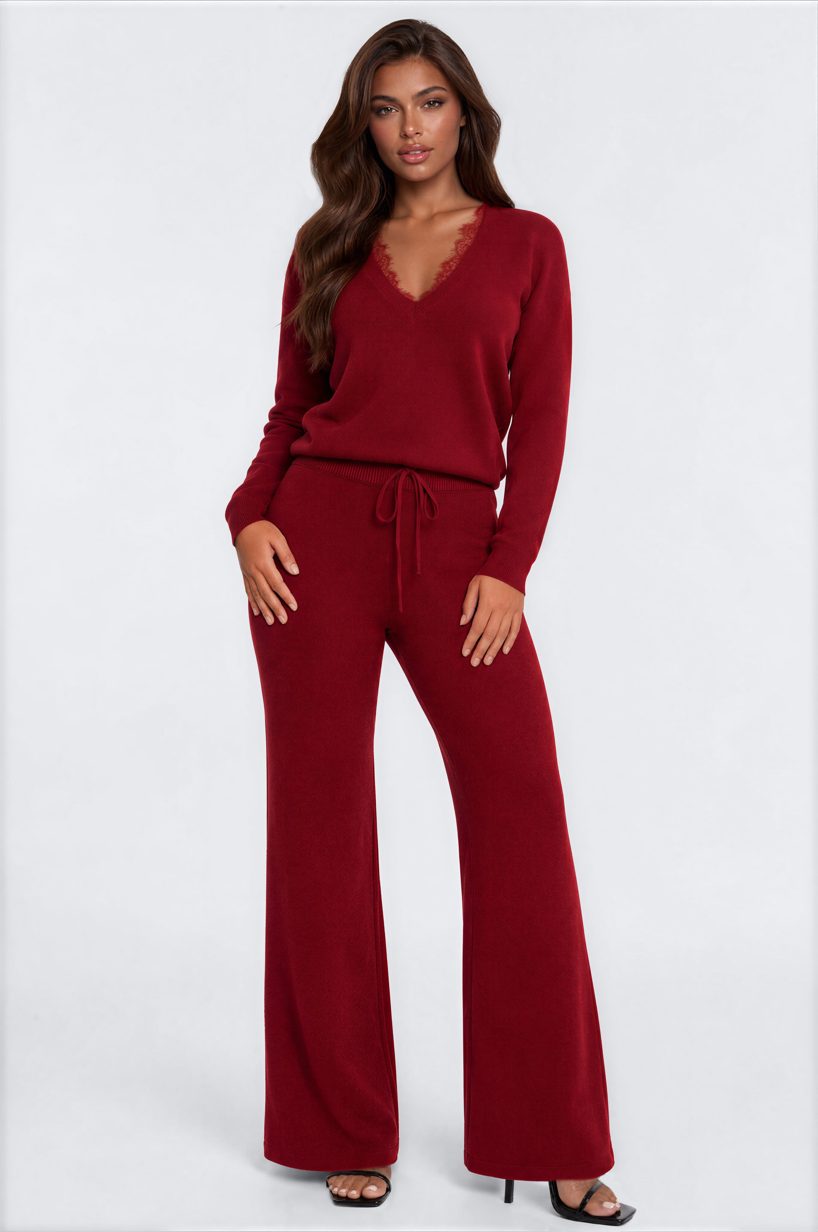 Gillian Lace Trim Sweater Pant Set - Wine