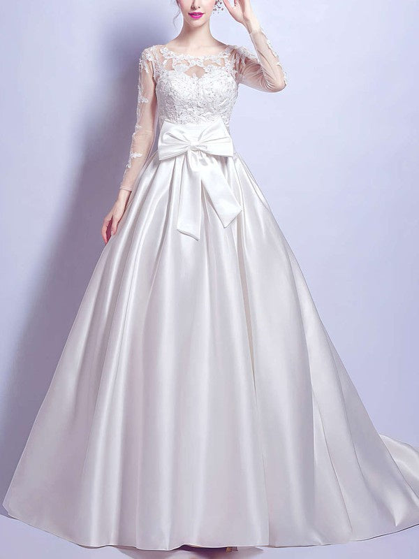 Charming Long Sleeves Satin Court Train Wedding Dresses with Bow