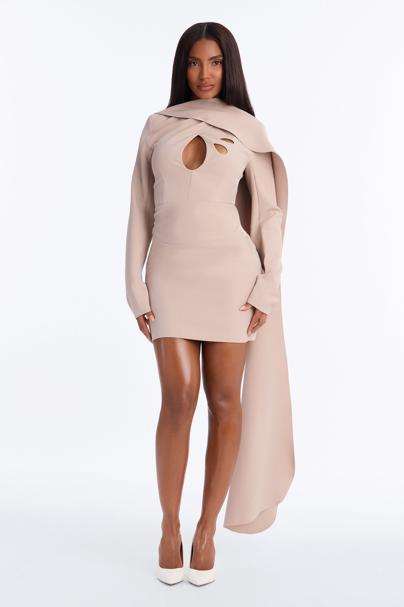 Everly Draped Long Sleeve Mini Dress - Taupe