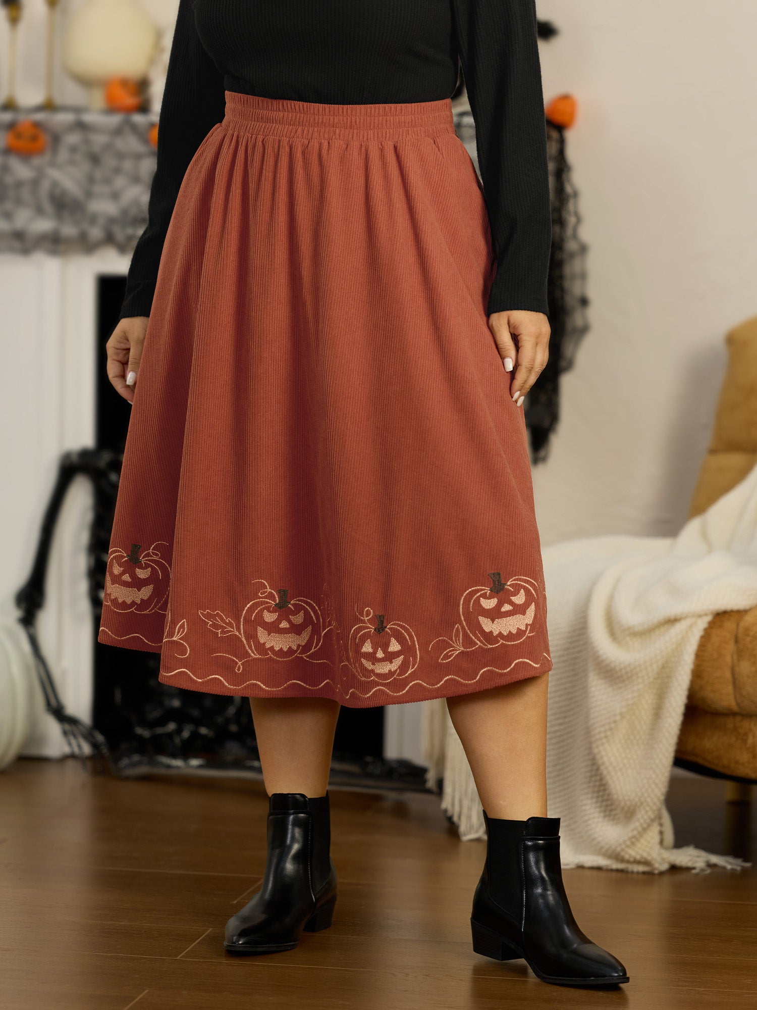 Stretch Pumpkin Embroidery Halloween Midi Skirt