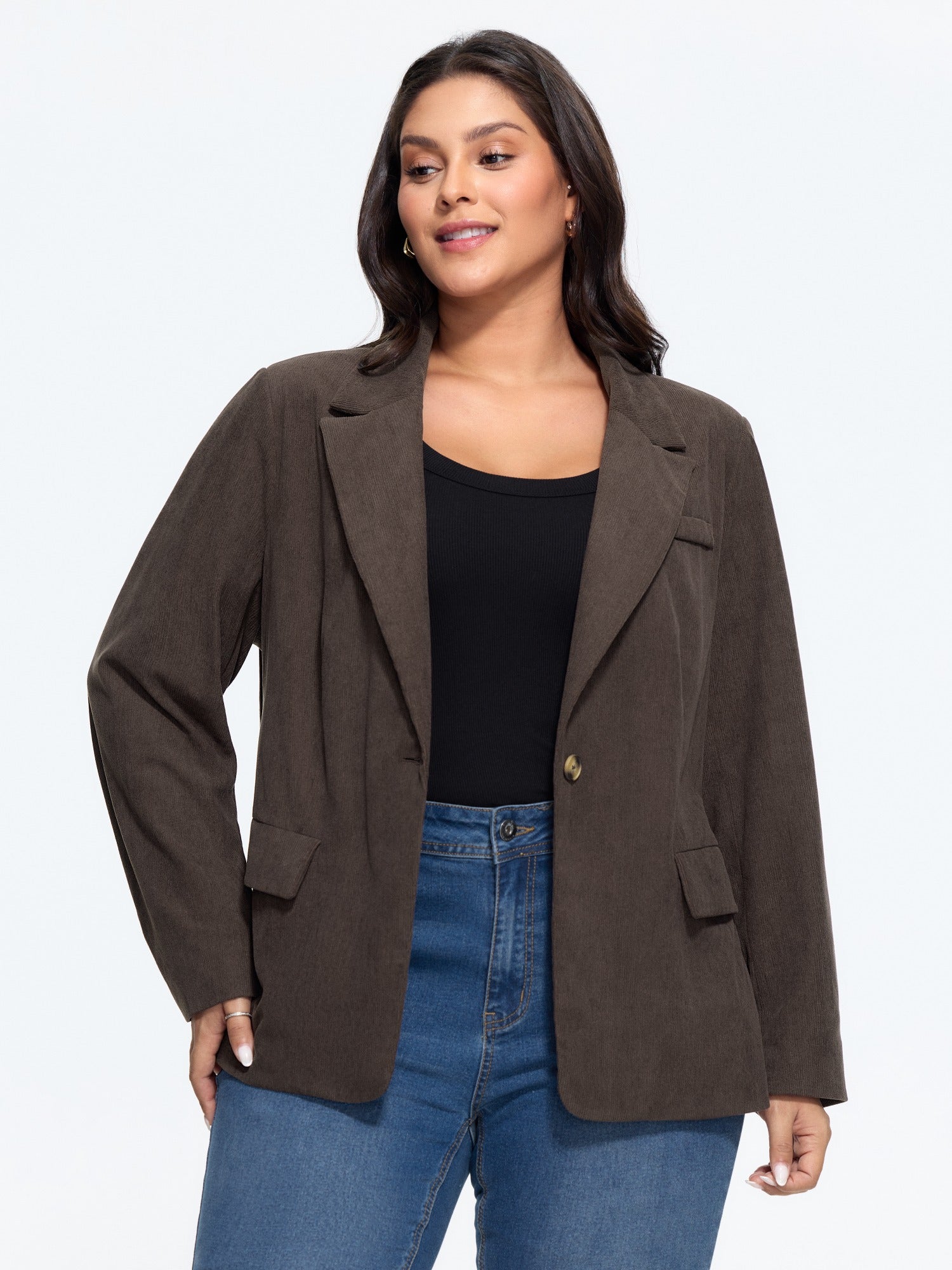 Lapel Collar Single Button Corduroy Blazer