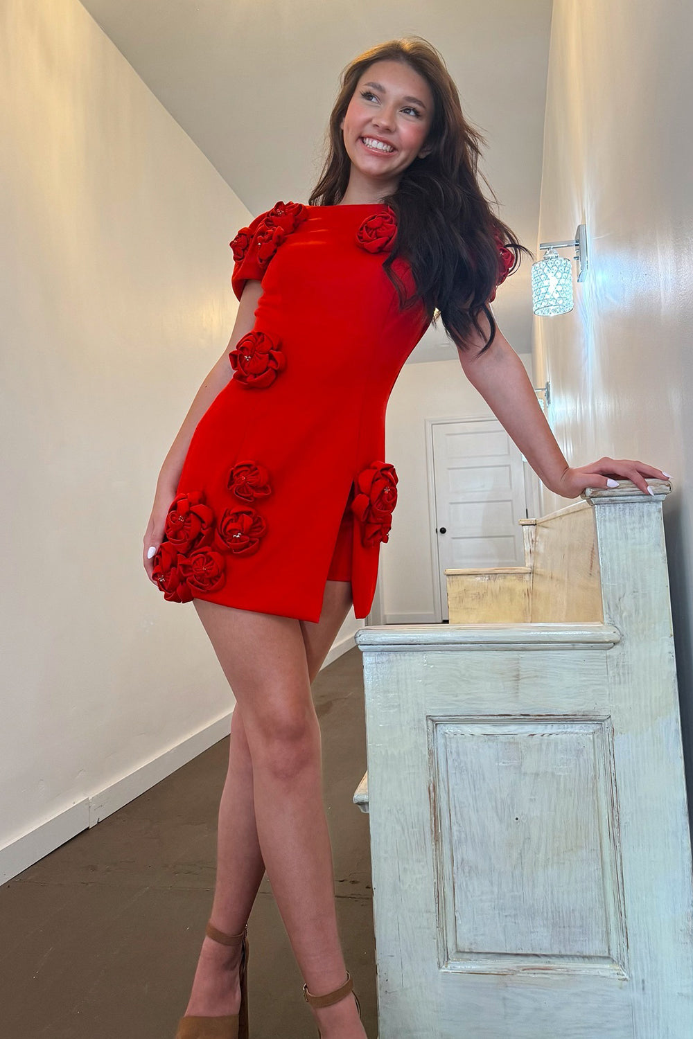 Red Tight Short Homecoming Dress/Mini Dress With 3D Flowers
