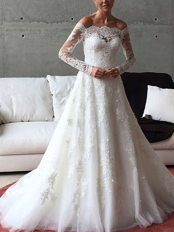 Exquisite Lace Off-The-Shoulder Tulle Sweep Train Ball Gown Wedding Dresses