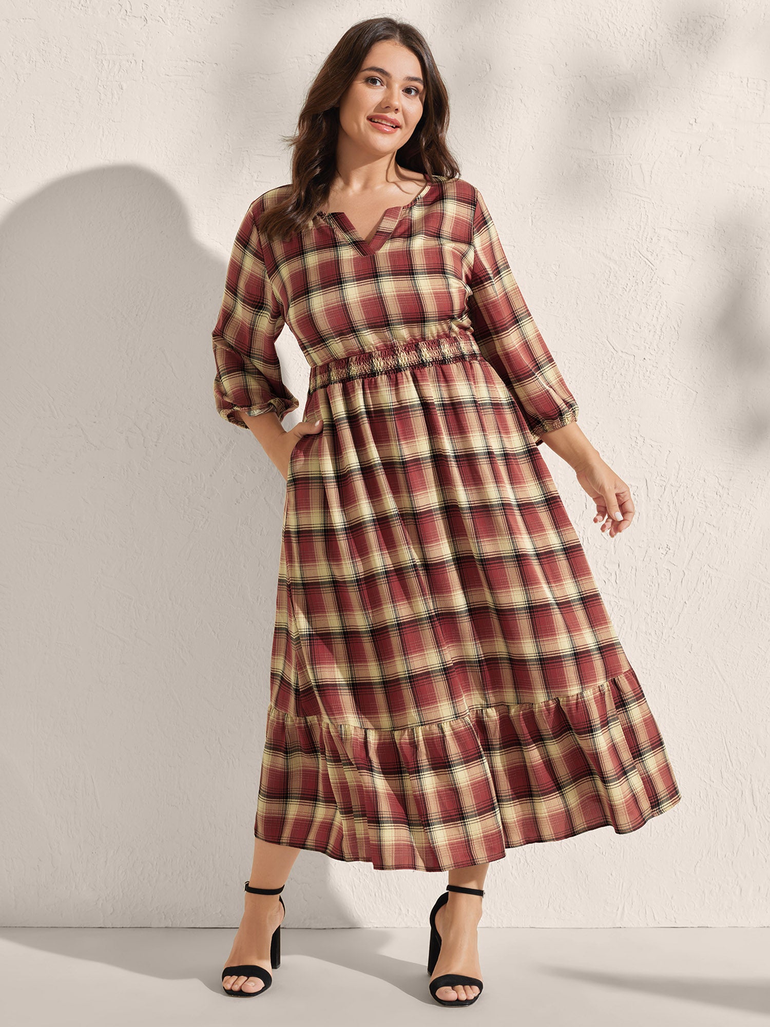 Check Print Shirred Waist Tiered Maxi Dress