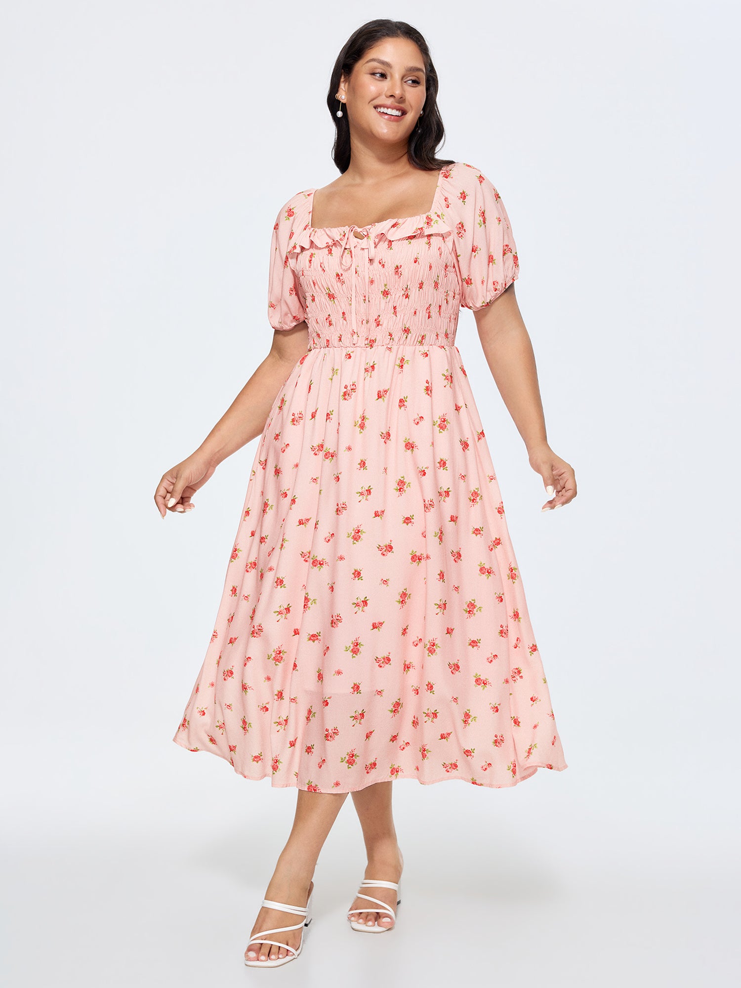 Floral Print Shirred Ruffled Neckline Midi Dress