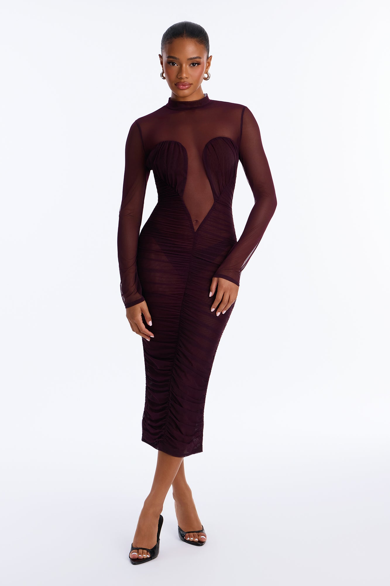Please Me Mesh Ruched Midi Dress - Purple
