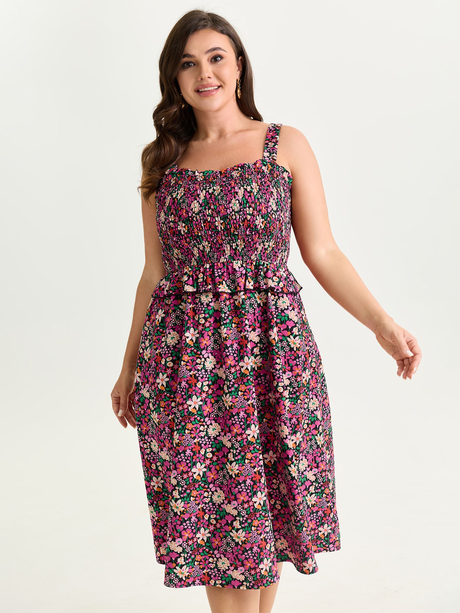 Floral Print Shirred Bodice Layered Midi Dress