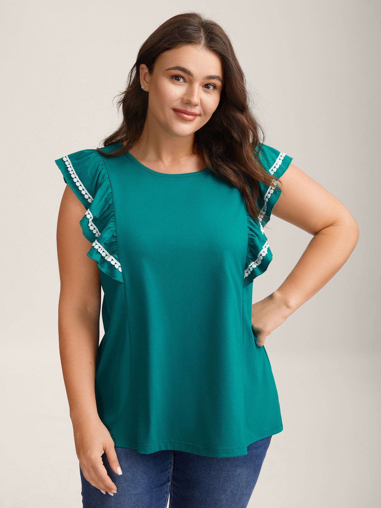Color Contrast Lace Flutter Sleeve Sleeveless Top