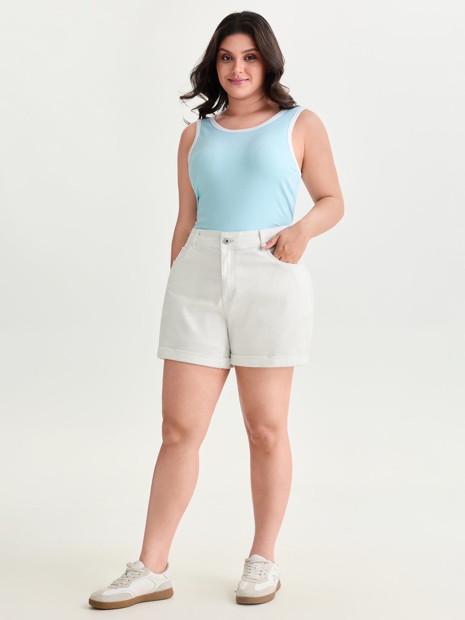 Cotton Stretchy Straight-Leg Denim Shorts