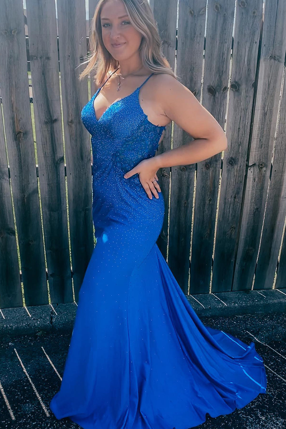 Plus Size Long Prom Dress in Royal Blue with Mermaid Beading