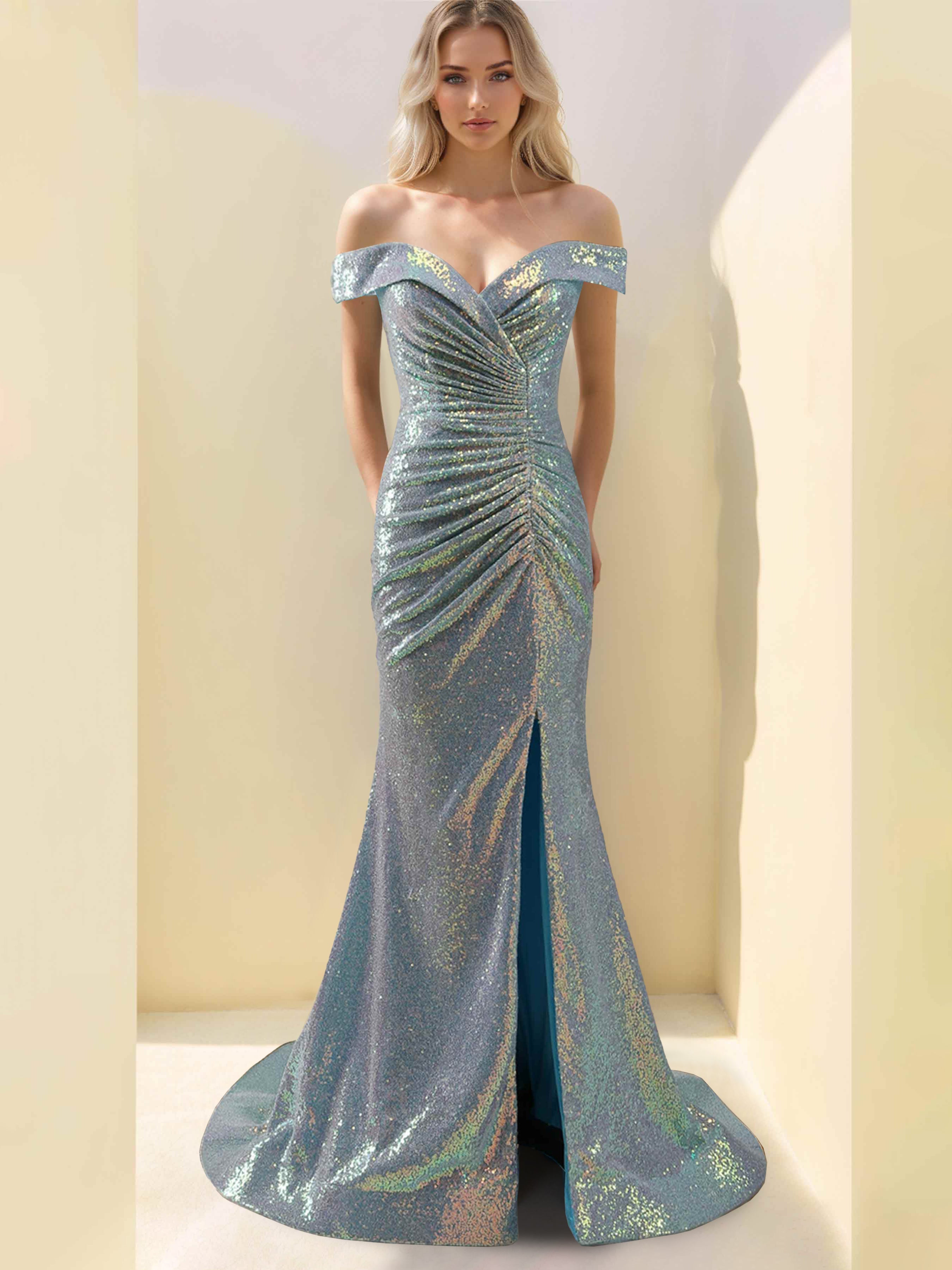 Off-the-Shoulder Sleeveless Mermaid/Trumpet Floor-Length Gown with Side Split Sequins and Ruffles
