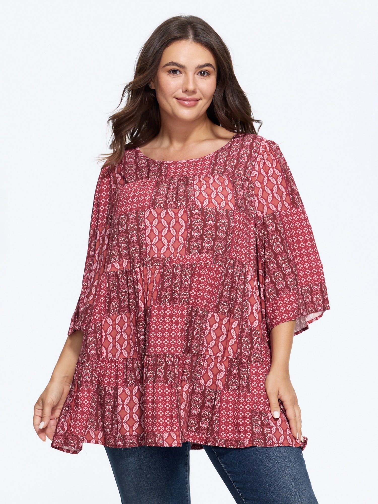 Boho Print Round Neck Tiered Blouse