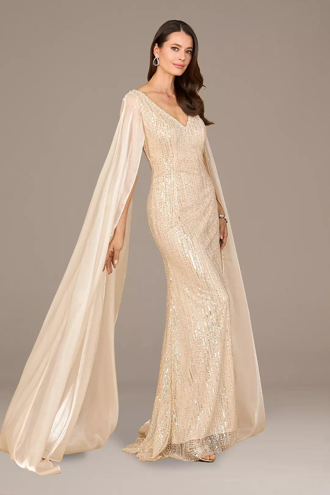 Beaded Gown with Satin Cape Sleeves