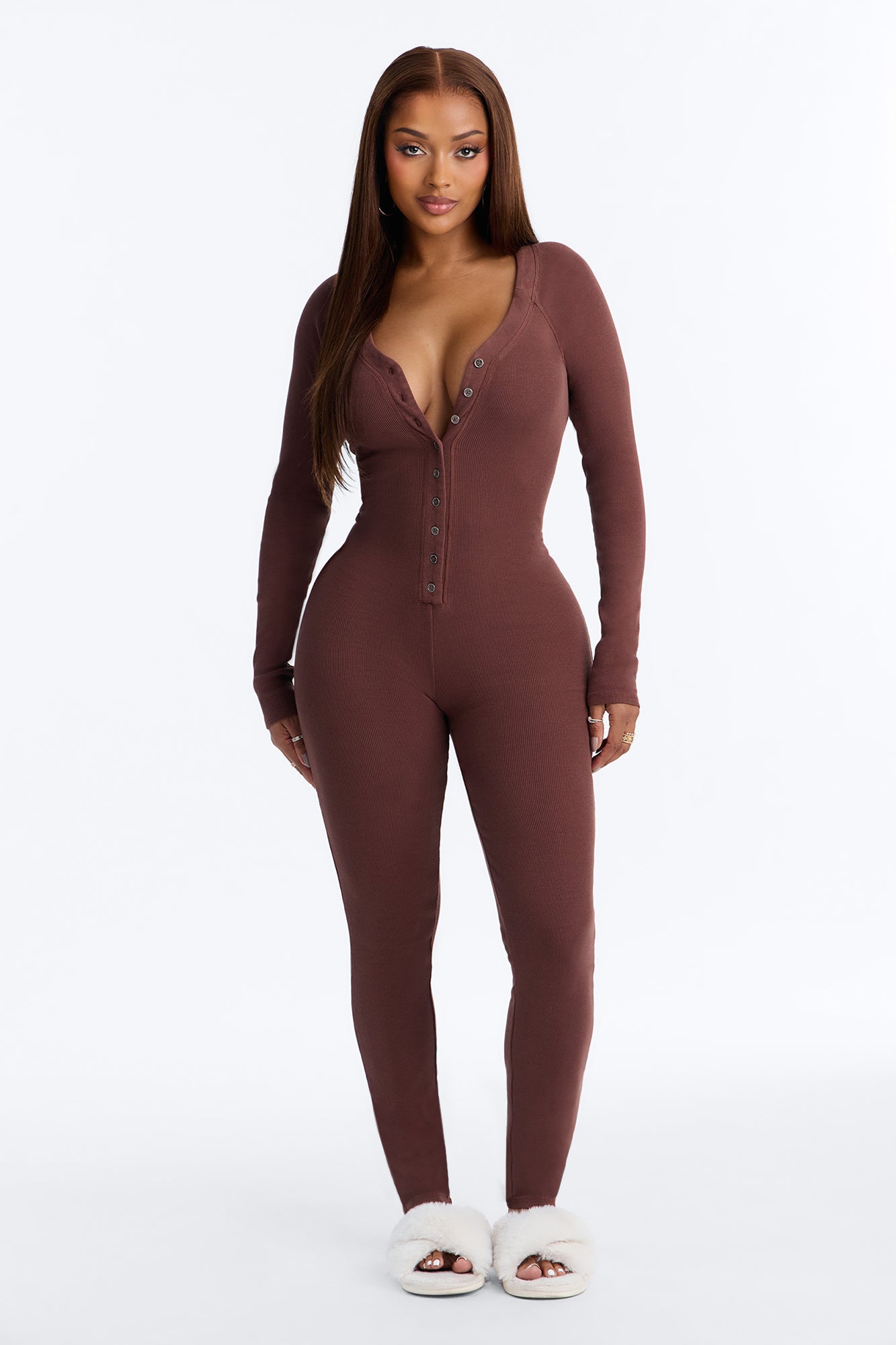 Chill But Make It Cute Ribbed Long Sleeve Jumpsuit - Chocolate