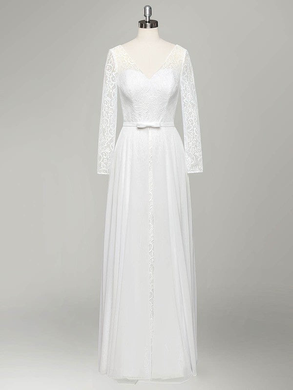 Elegant A-Line V-Neck Long Sleeves Lace Chiffon Floor-Length Wedding Dresses with Sash