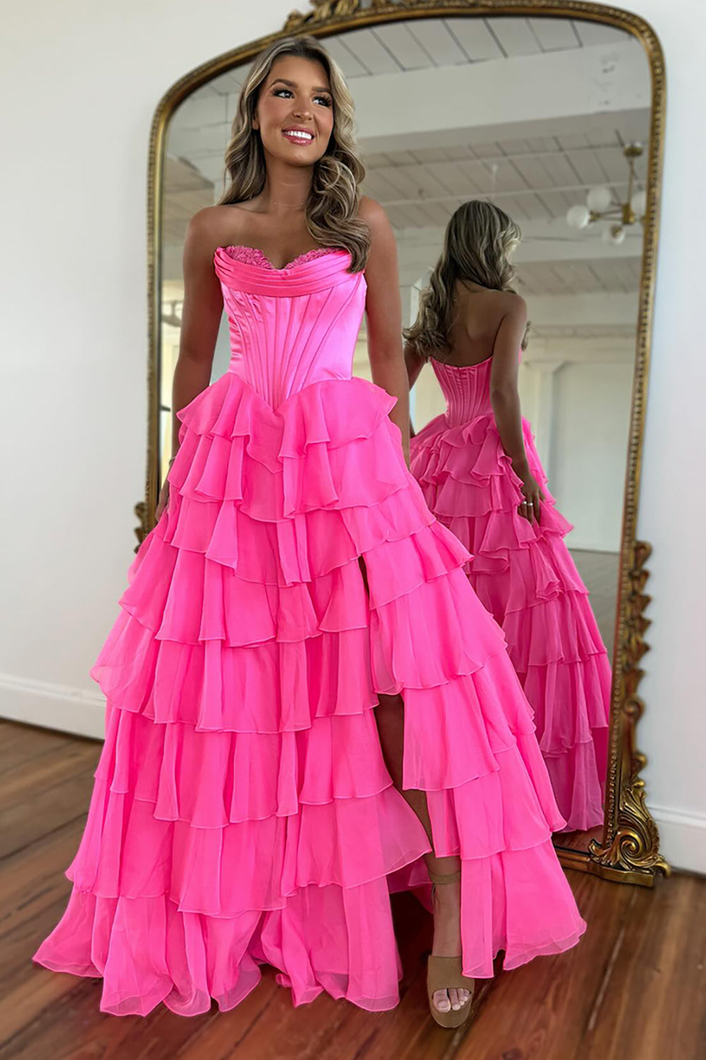 Sweetheart Corset A-Line Prom Dress in Fuchsia with Tiered Chiffon and Slit