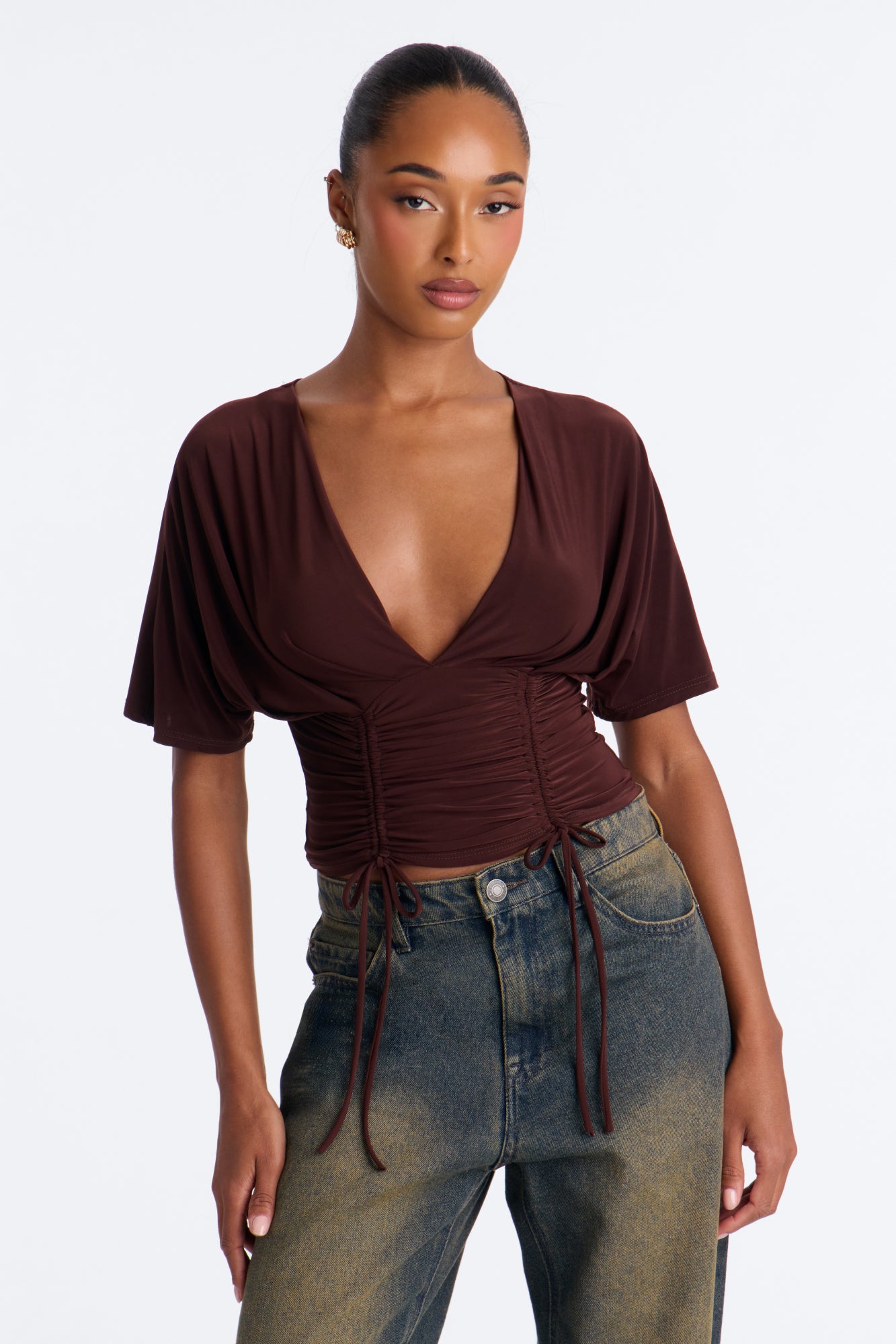 Morgan Ruched Drawstring Short Sleeve Top - Chocolate