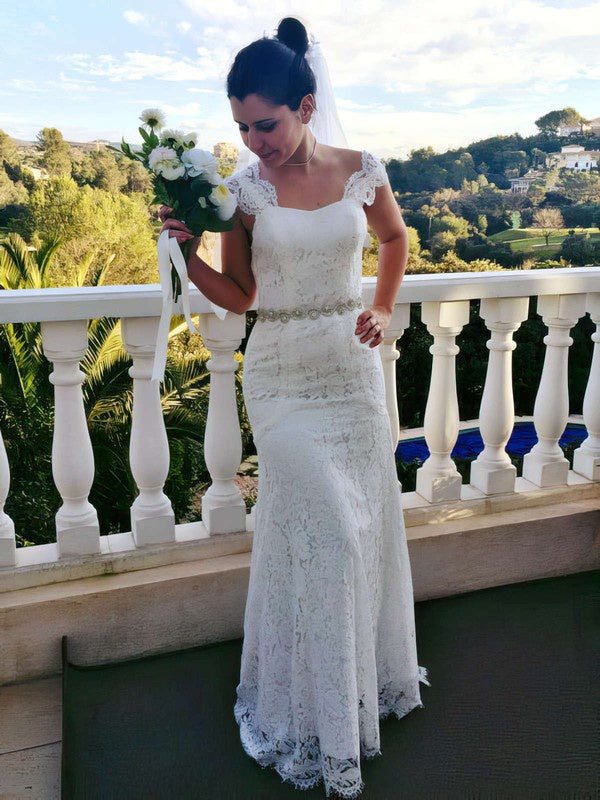 Beautiful Mermaid Sleeveless Lace Floor-Length Wedding Dresses with Sash