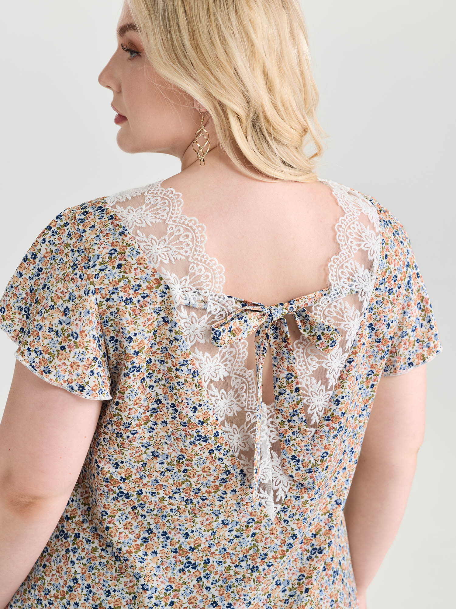 Micro Floral Print Open Back Tie Blouse