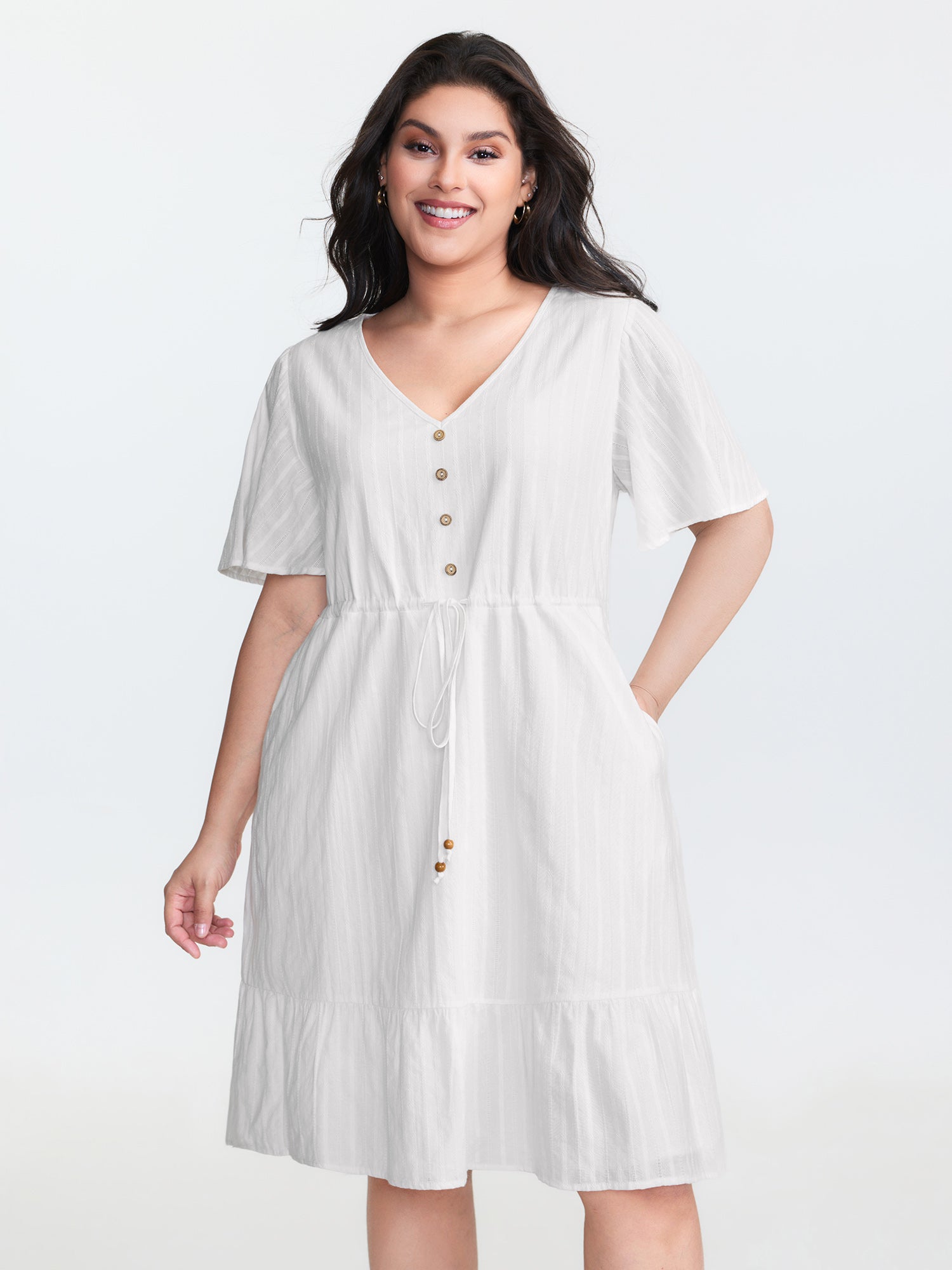 Pure Cotton Drawstring Waist Flared Sleeve Mini Dress