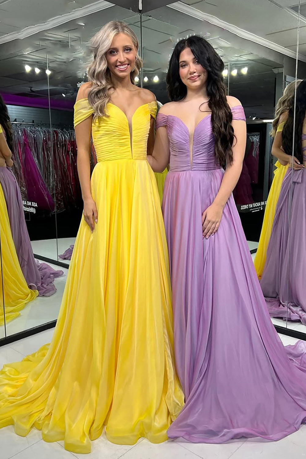 Long A-Line Prom Dress with Ruched Off-Shoulder Design in Yellow
