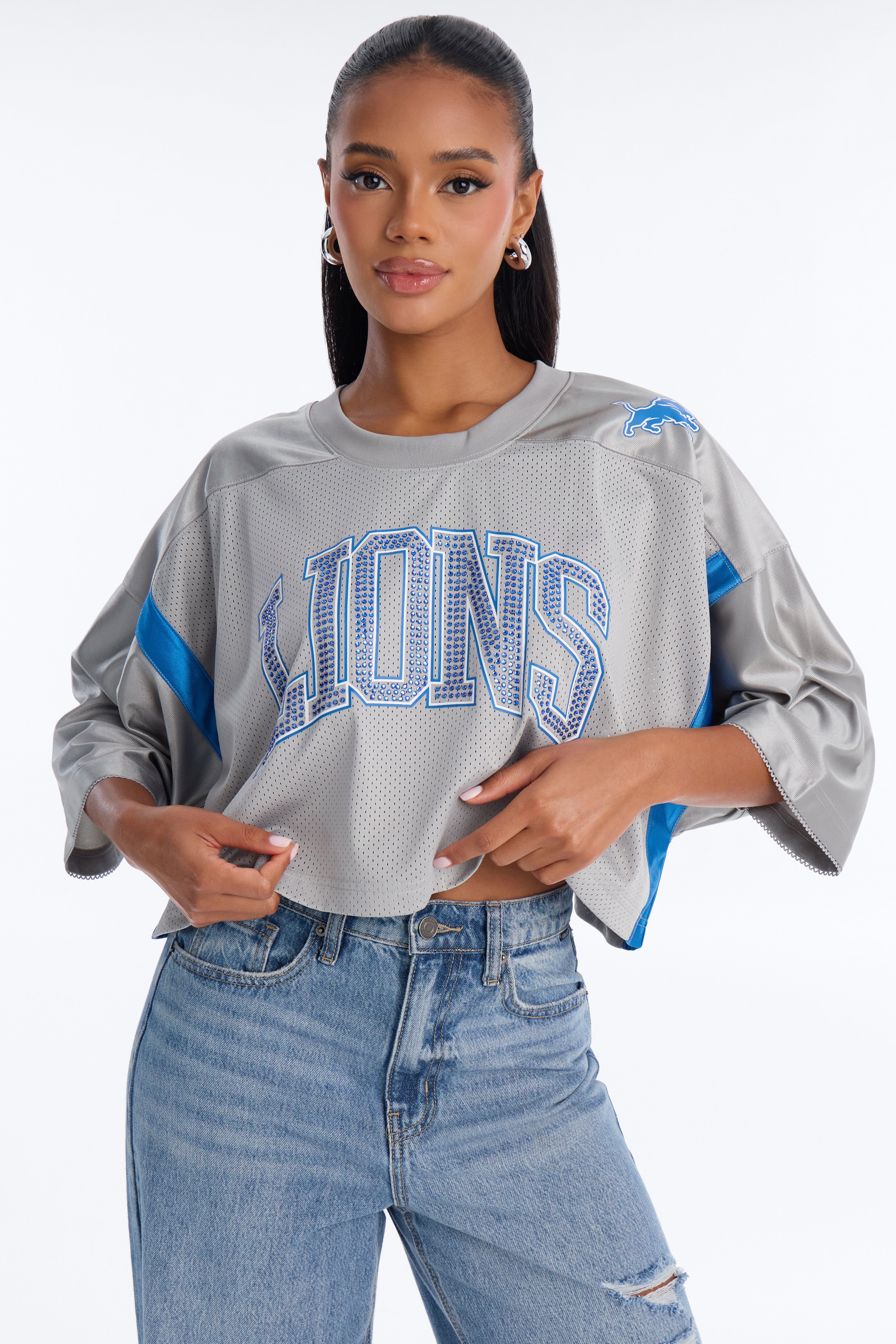 NFL Detroit Lions Rhinestone Cropped Top - Grey