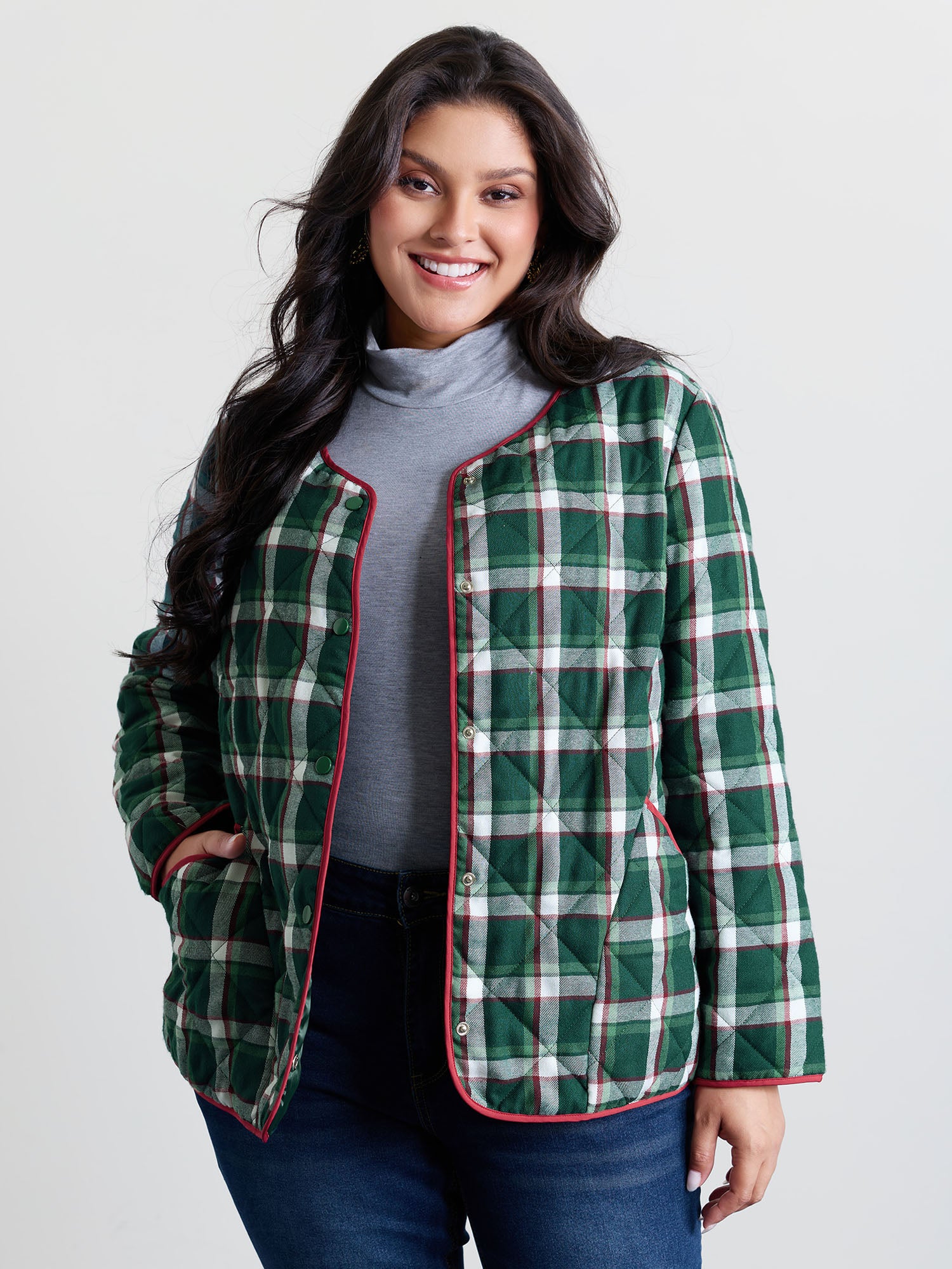 Checkered Print Button Quilted Jacket